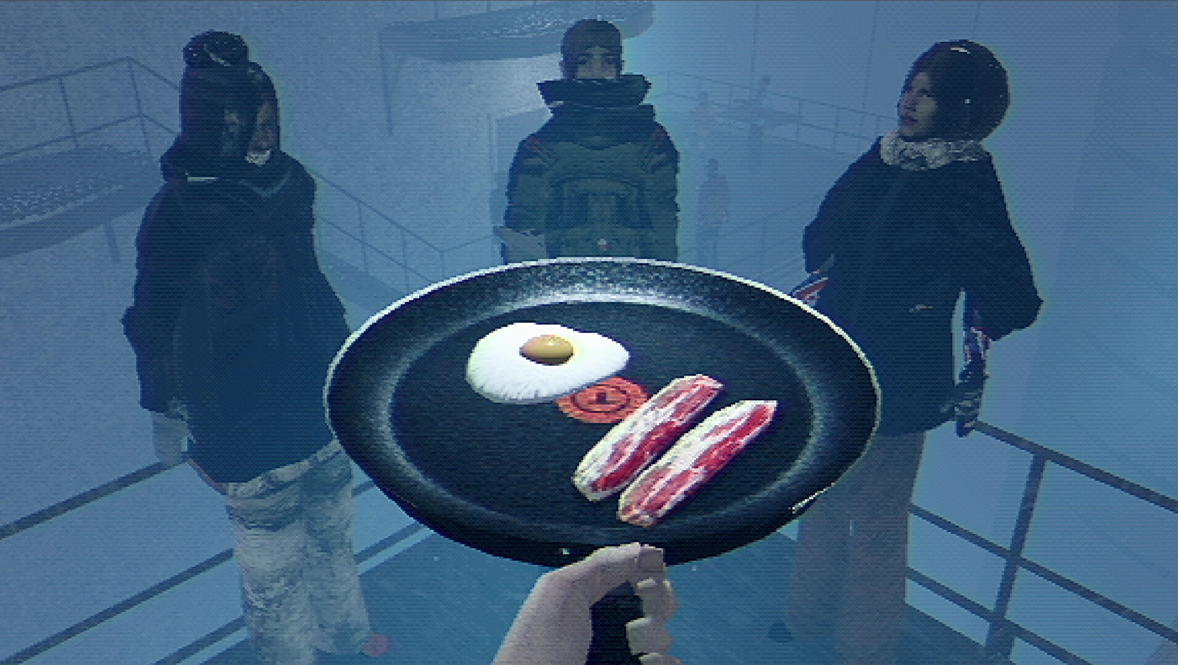 Eggs, bacon, and other food slide across a frying pan in Arctic Eggs.