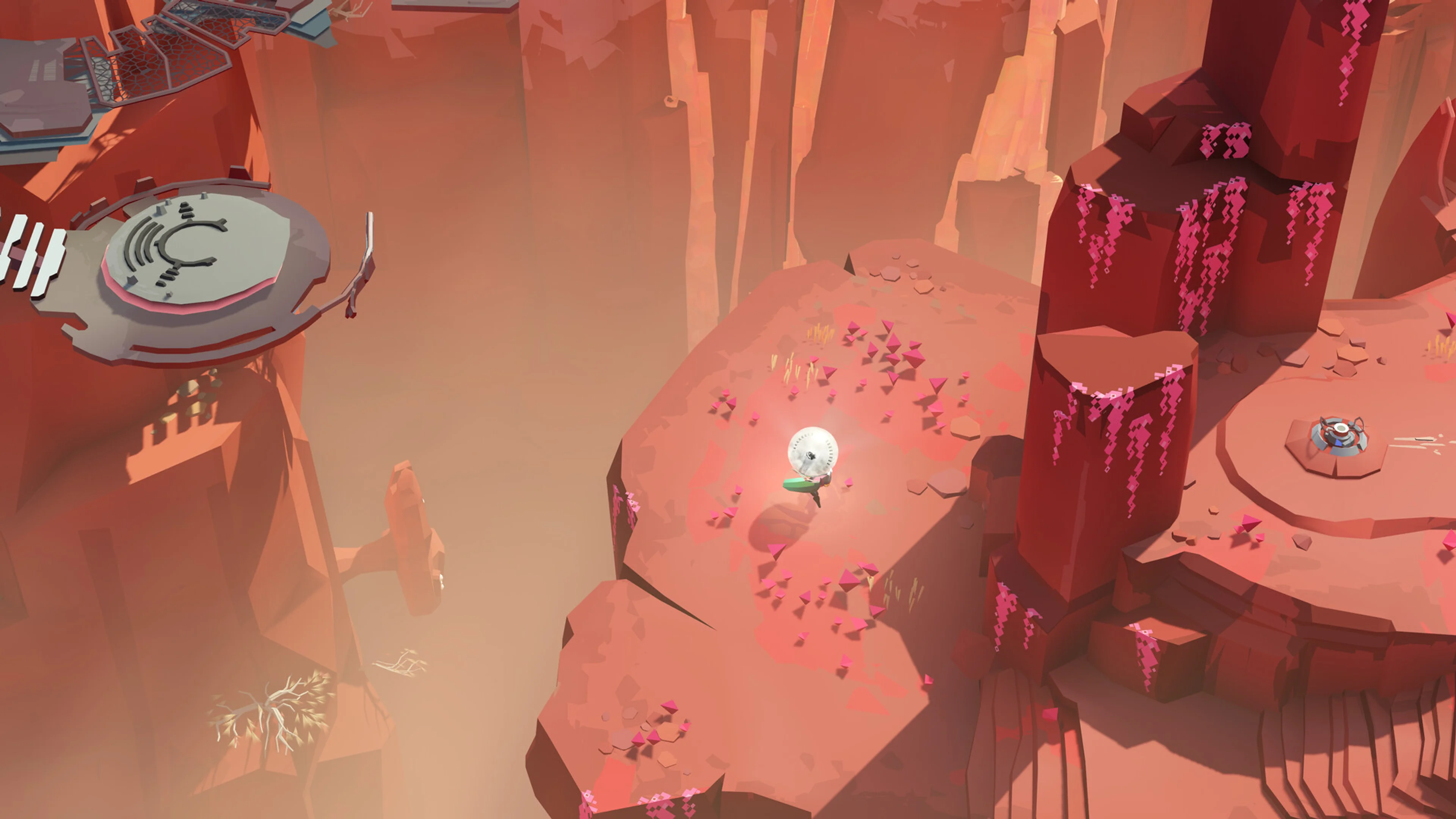 A small figure crosses a red rocky world in Cocoon.