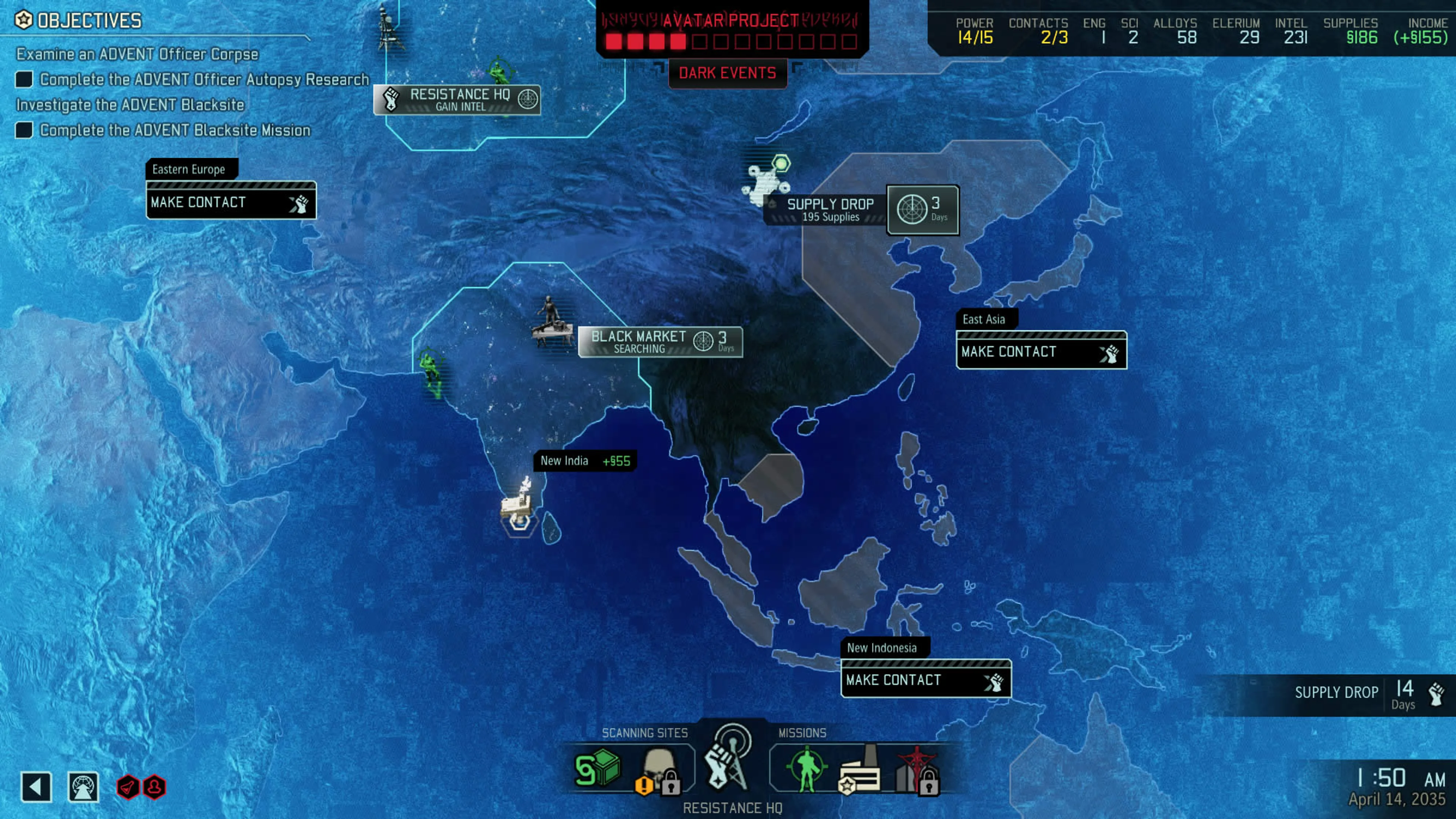 Official XCOM 2 manual Geoscape screenshot with regions, objectives, scanning sites, missions and a progress bar.