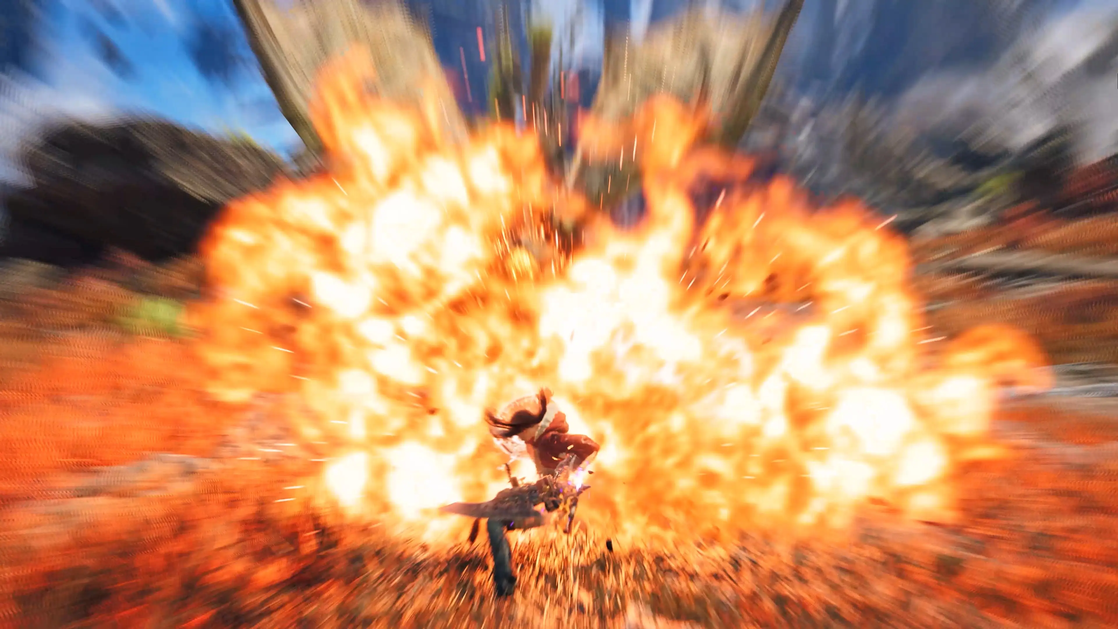A large orange explosion surrounds a hunter during an Ascendance Boosted Action.