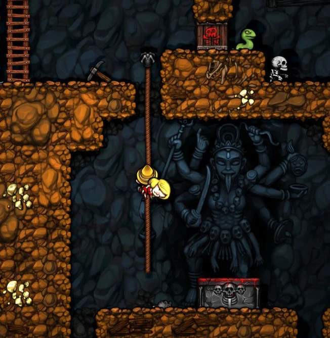 Close view of a Spelunky explorer climbing a rope with stone ledges and enemies above.