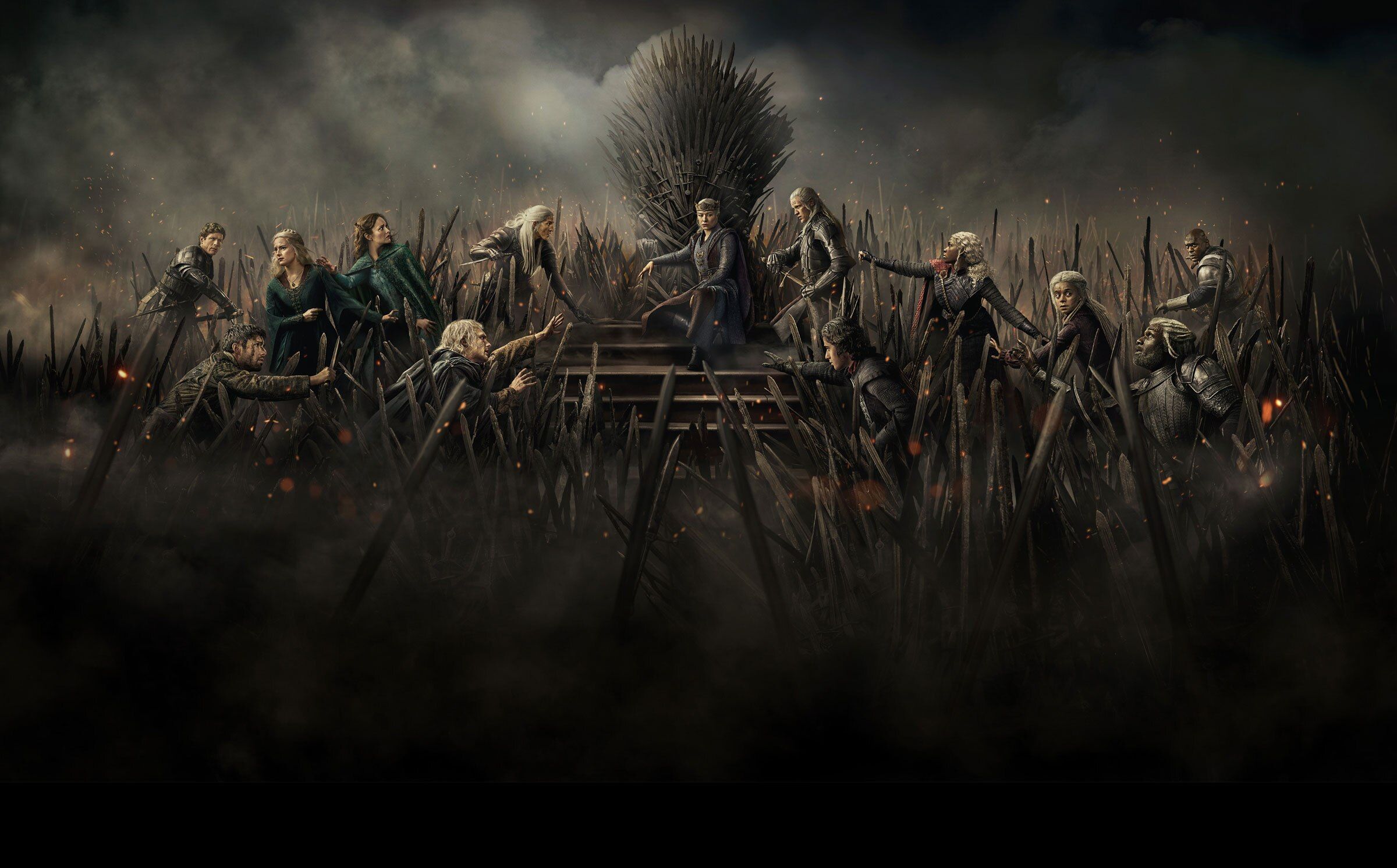 Rhaenyra sits on the Iron Throne as House of the Dragon characters face one another around her.