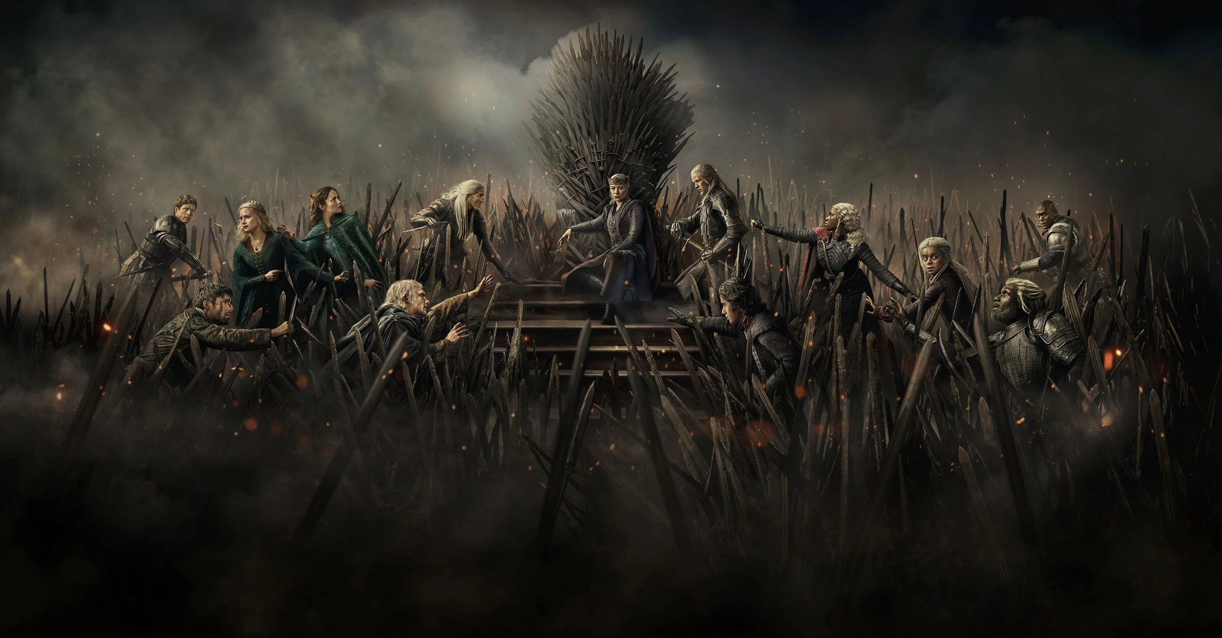 Rhaenyra sits on the Iron Throne as House of the Dragon characters face one another around her.