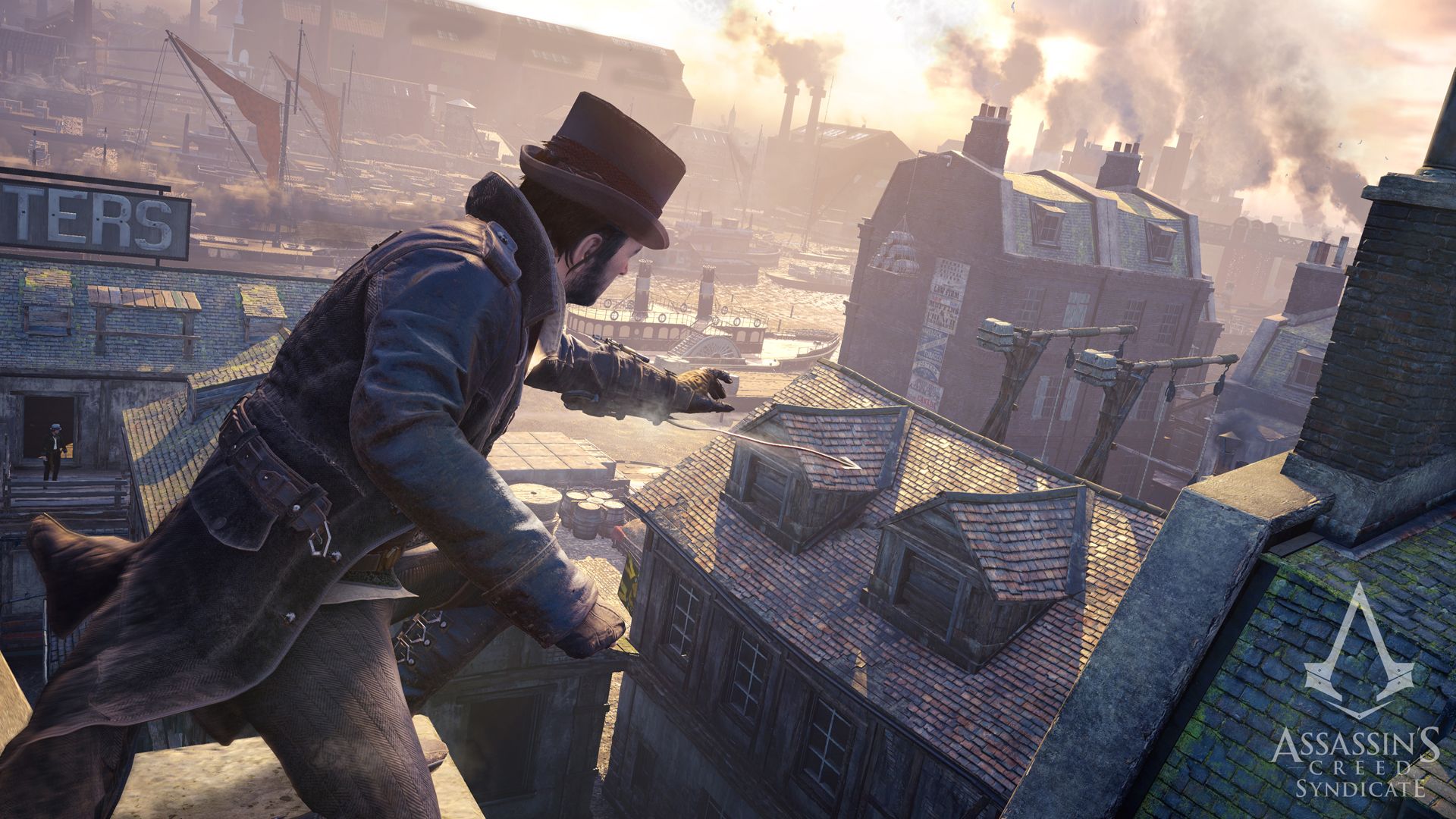 A hooded Assassin looks over a London rooftop at sunset.