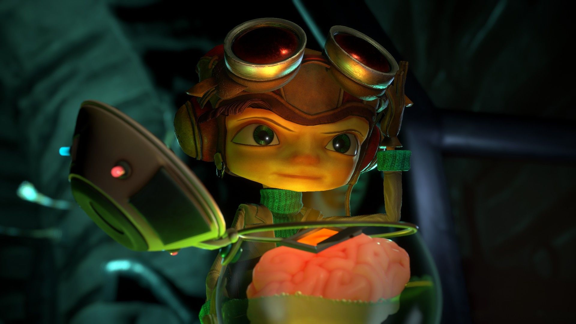 Raz stands inside a dark mental world wearing his goggles.
