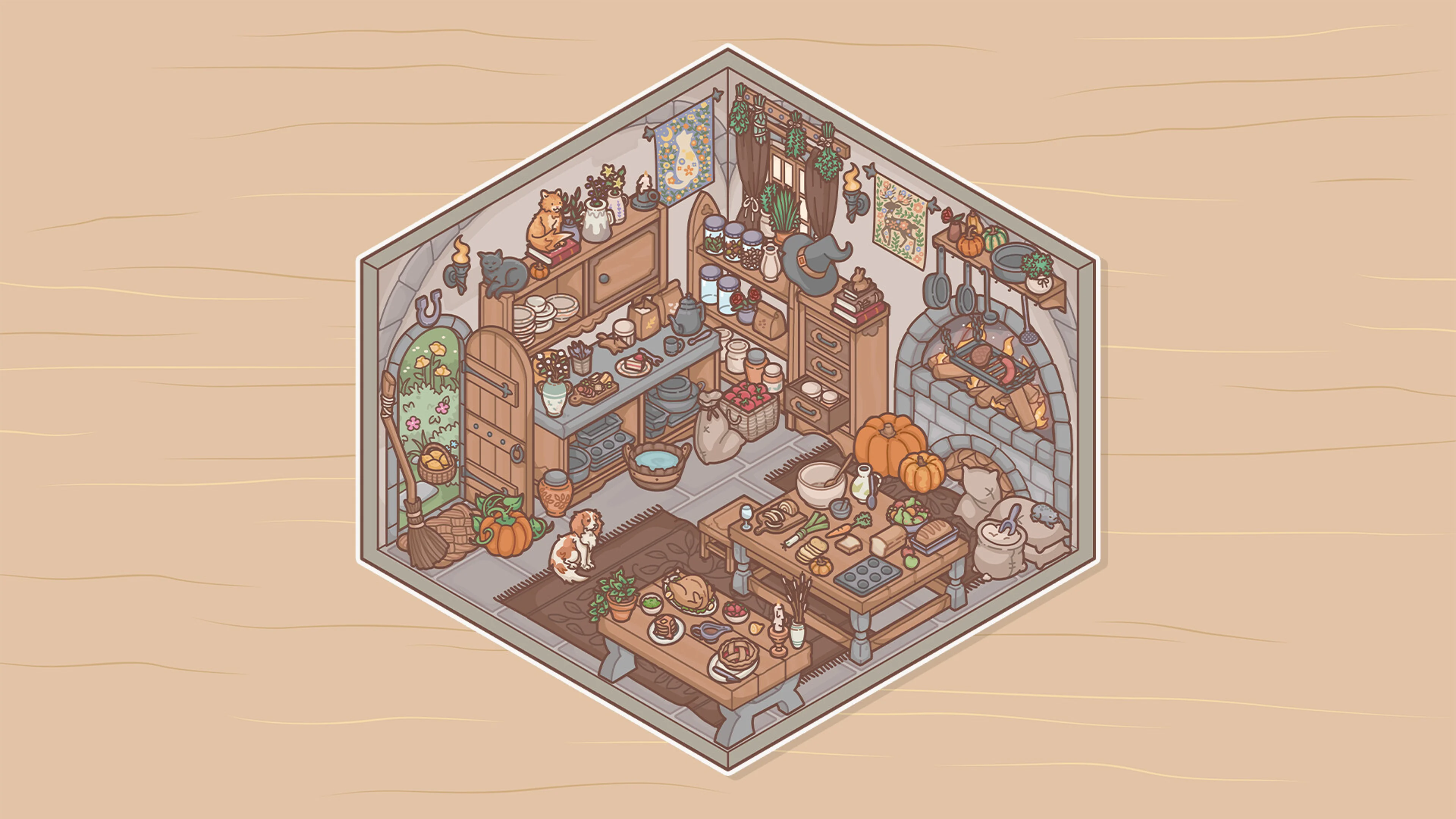 An isometric cottage kitchen decorated with cookware, pumpkins, pets and a fireplace in Little Corners.