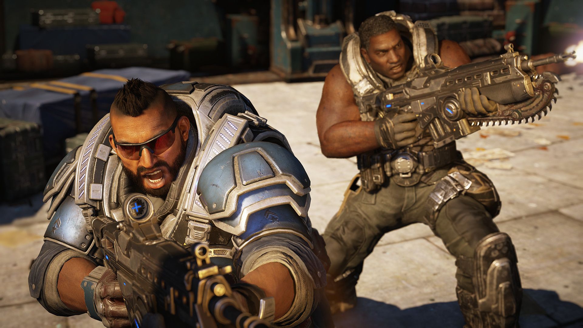 Two armoured Gears 5 fighters fire weapons during a close-range battle.