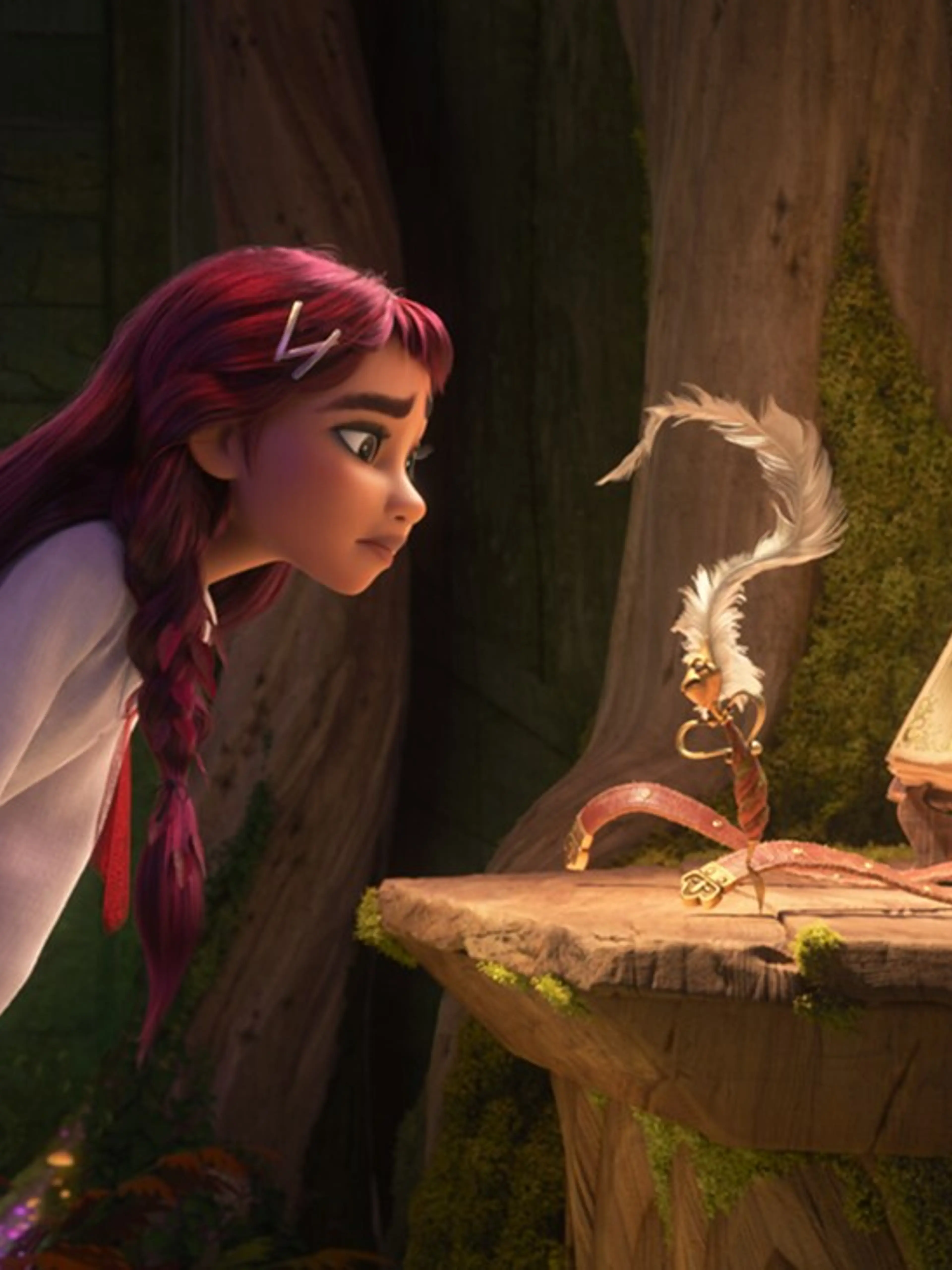 Billie leans toward Ms. Quill and the magical book Elias Quire in Disney’s Hexed