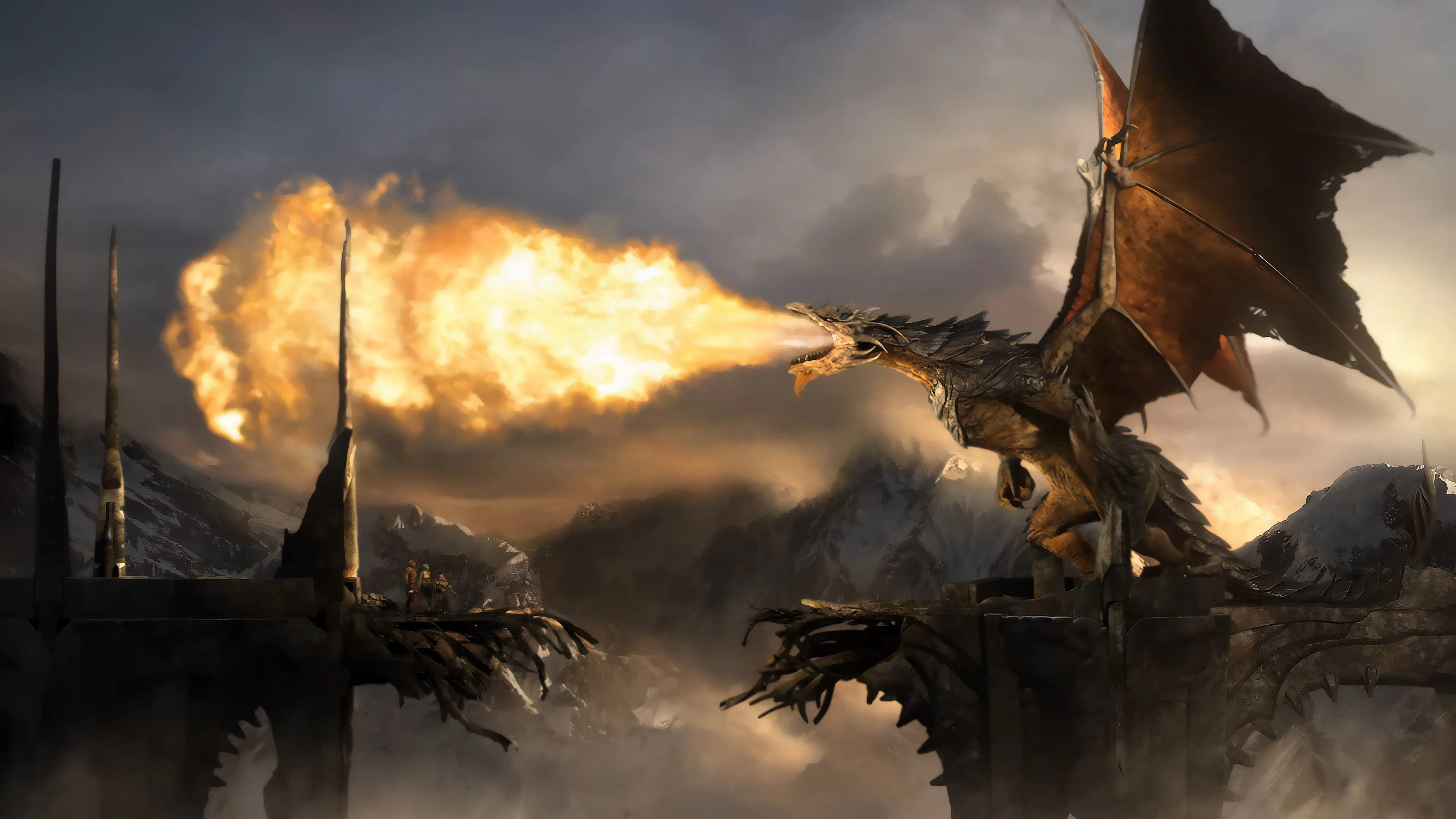 A dragon breathes fire across a battlefield in War in the North Legacy Edition.