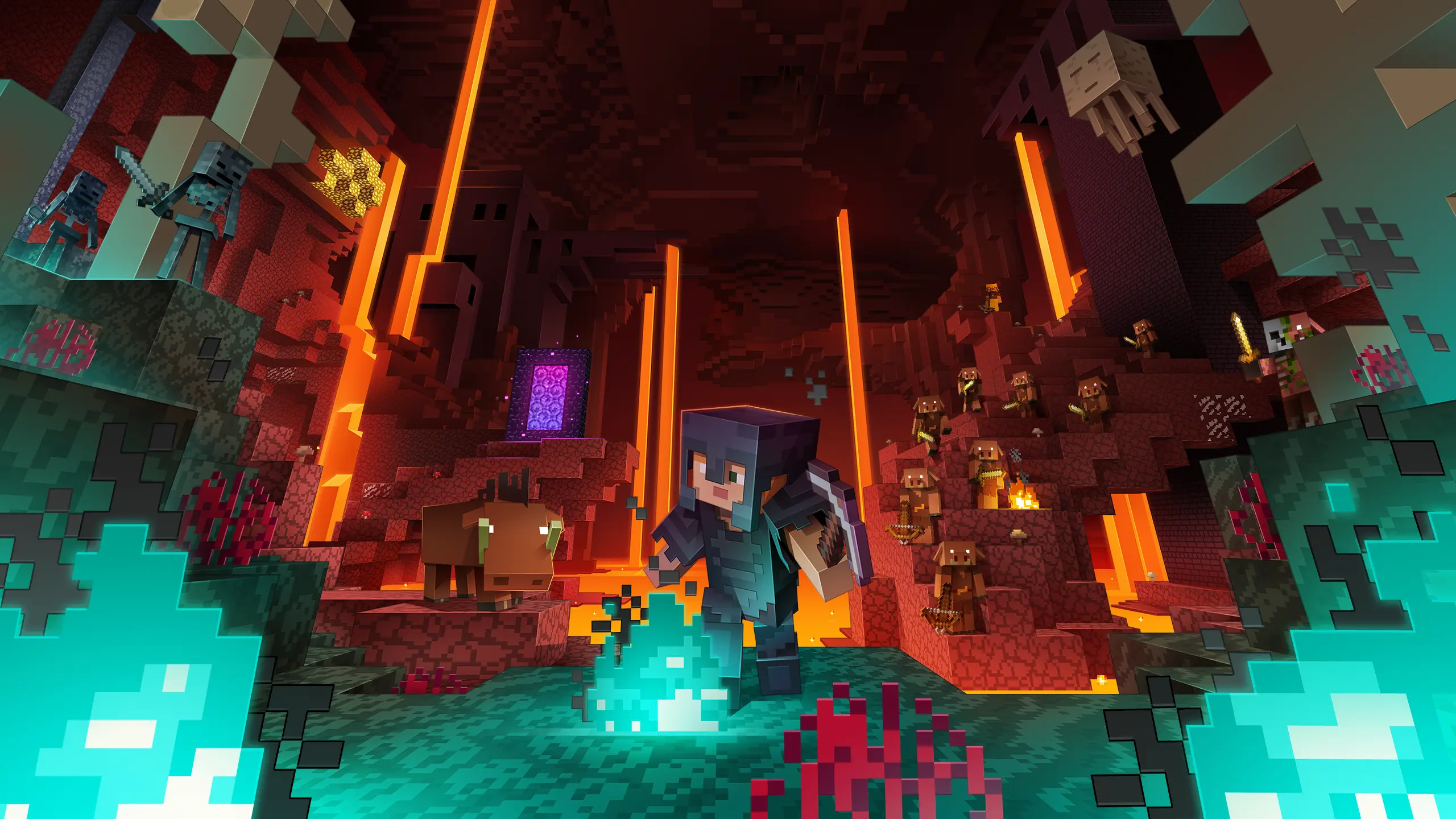 A Minecraft player in netherite armor exploring the Nether near a portal, piglins, lavafalls, and warped vegetation.