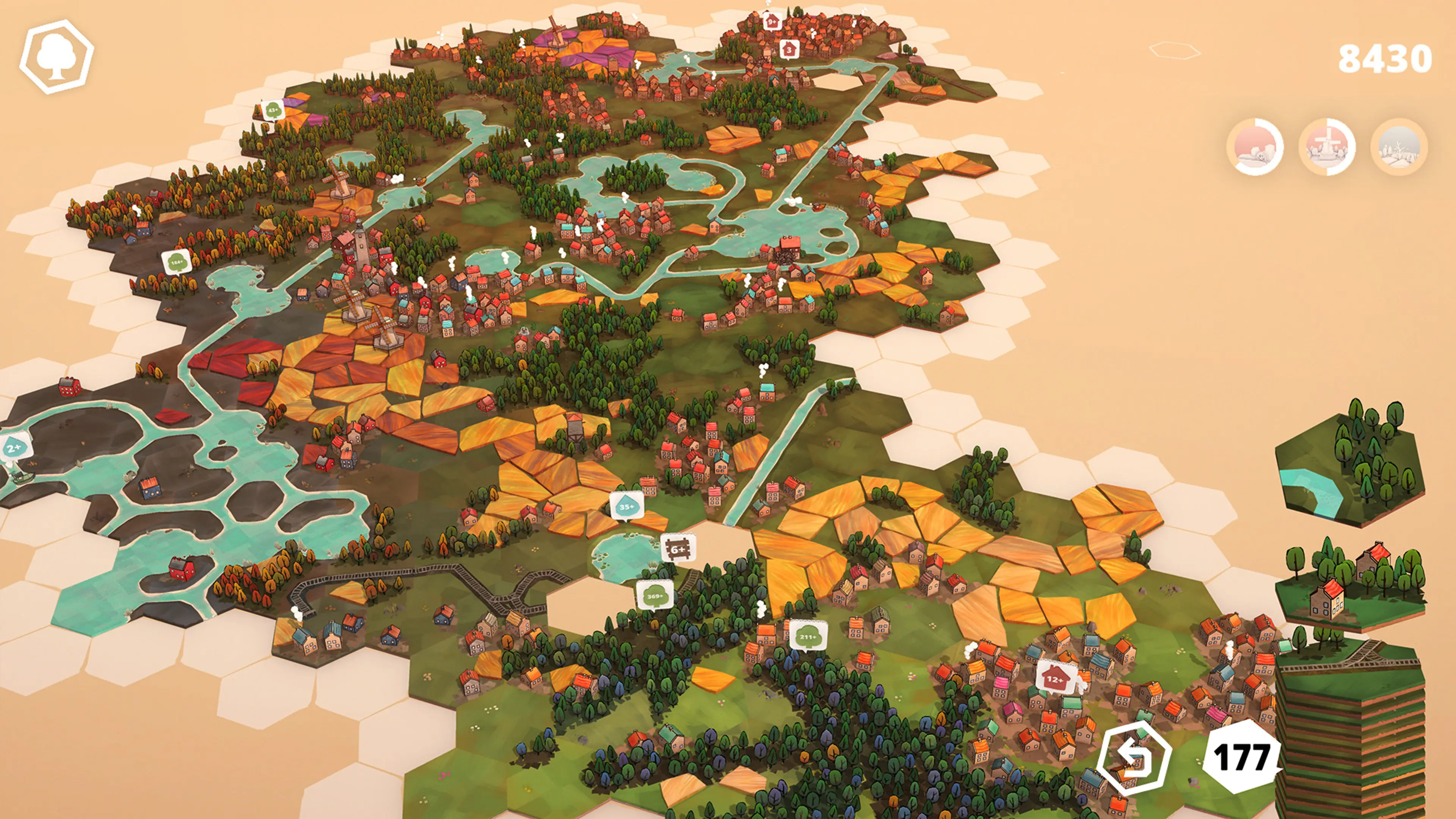 A large Dorfromantik countryside with connected forests, farms and waterways.