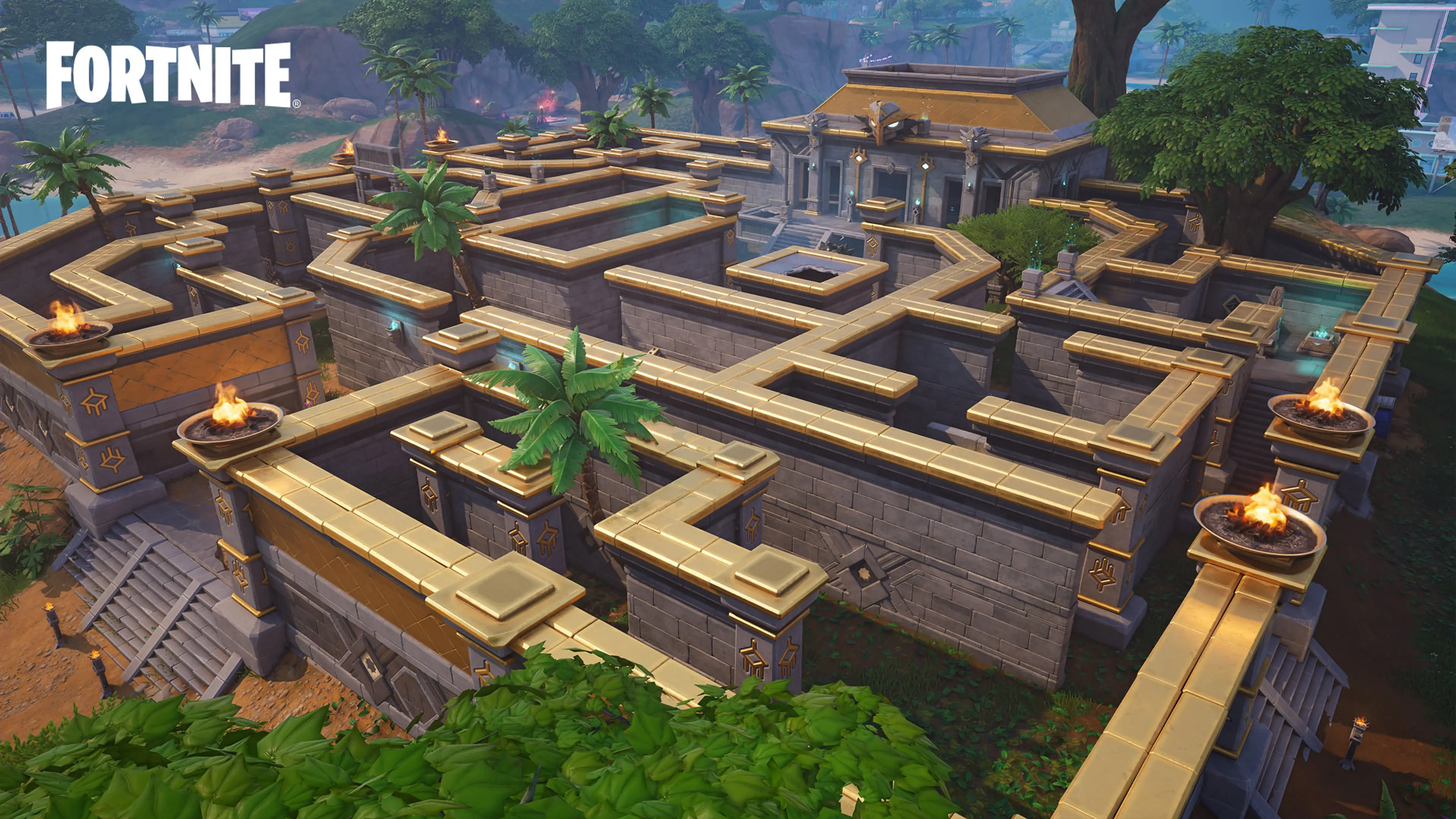 A large stone maze fills a jungle temple location in Fortnite.