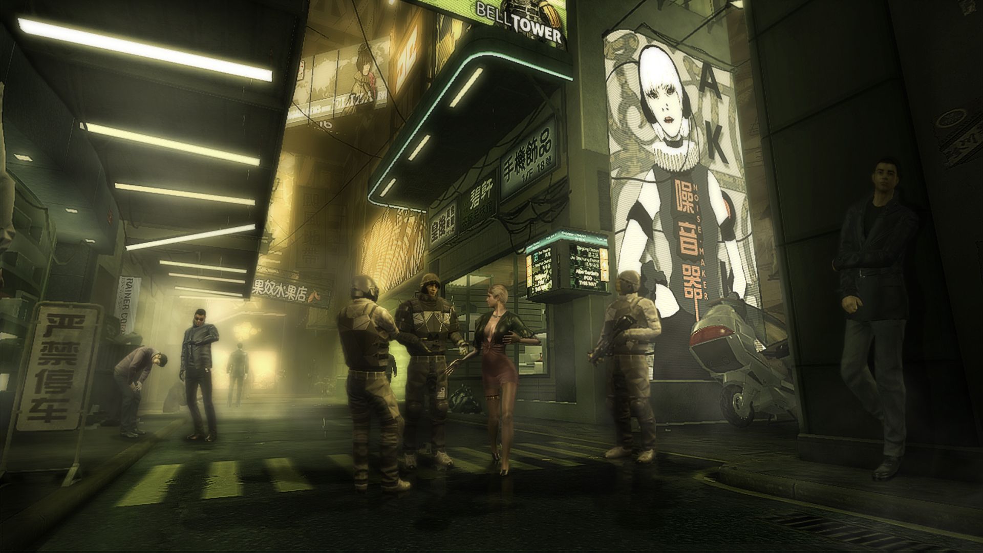 Lower Hengsha street with residents, armed guards, hanging lights and large signs.