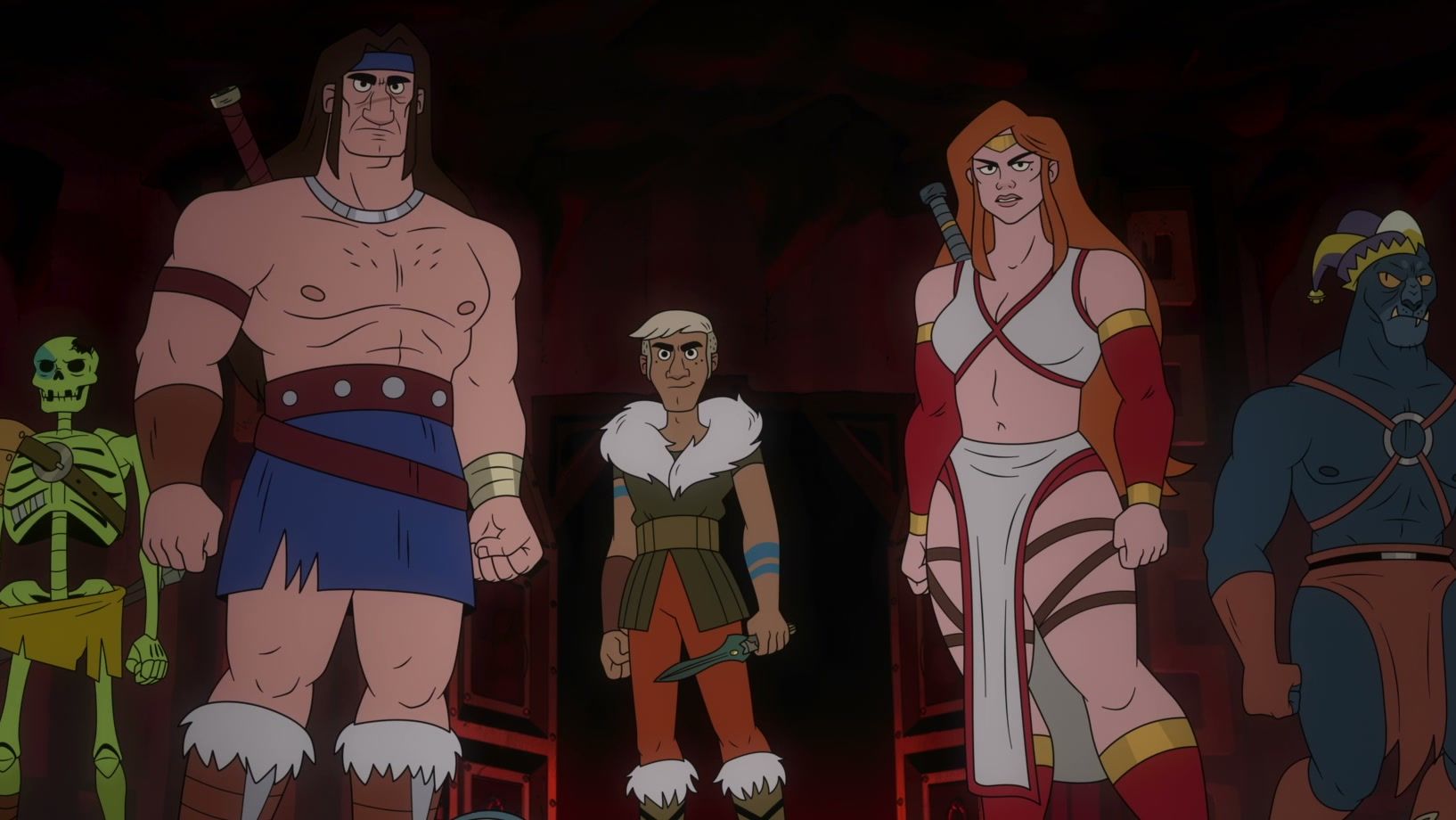Ax Battler, Tyris Flare, Gilius Thunderhead, Hampton Squib and Chronos stand together in the Golden Axe animation.
