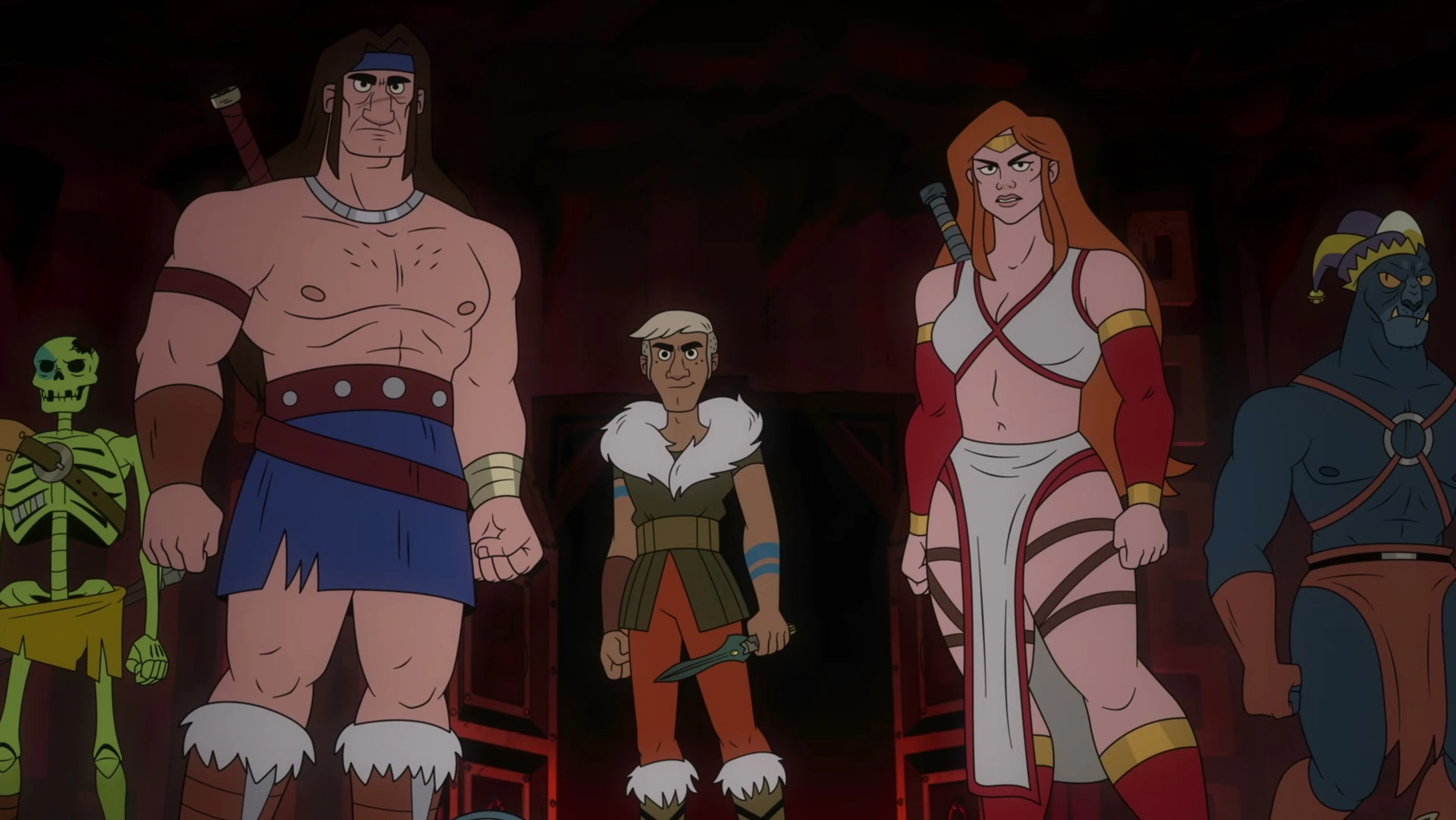 Ax Battler, Tyris Flare, Gilius Thunderhead, Hampton Squib and Chronos stand together in the Golden Axe animation.