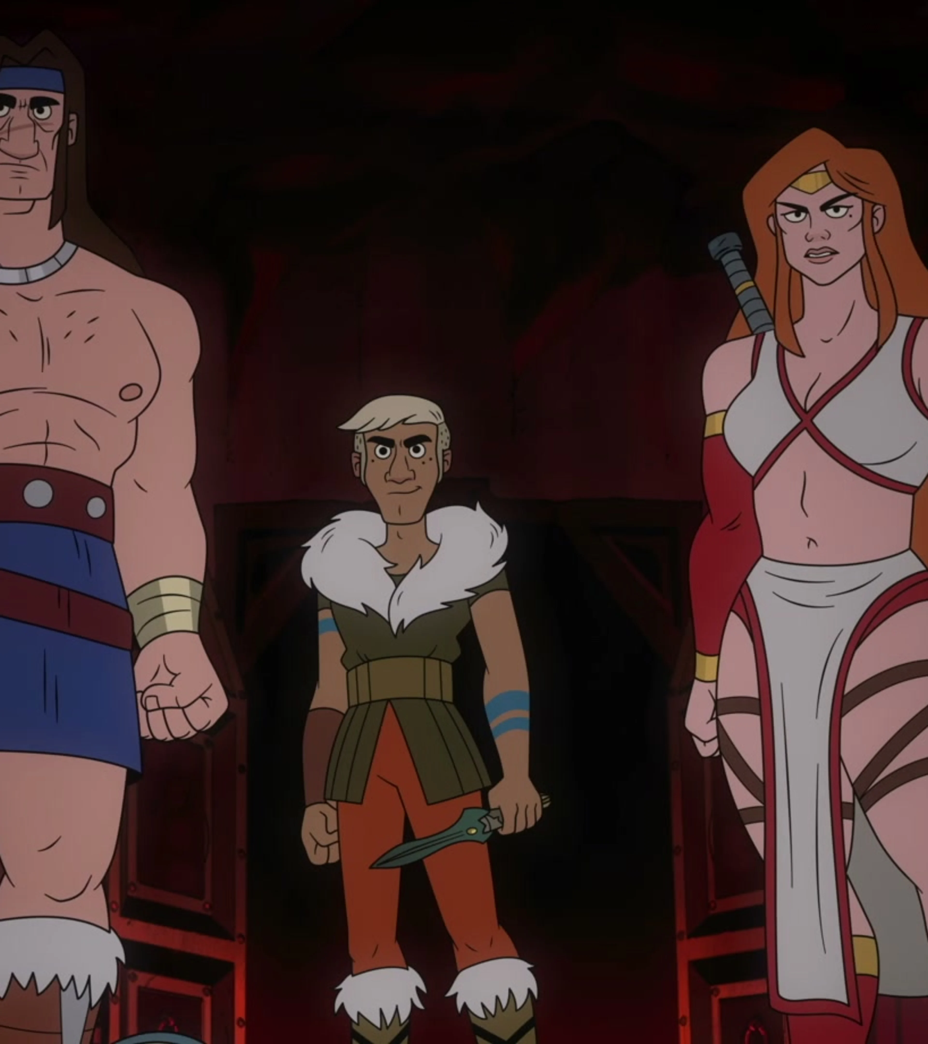 Ax Battler, Tyris Flare, Gilius Thunderhead, Hampton Squib and Chronos stand together in the Golden Axe animation.
