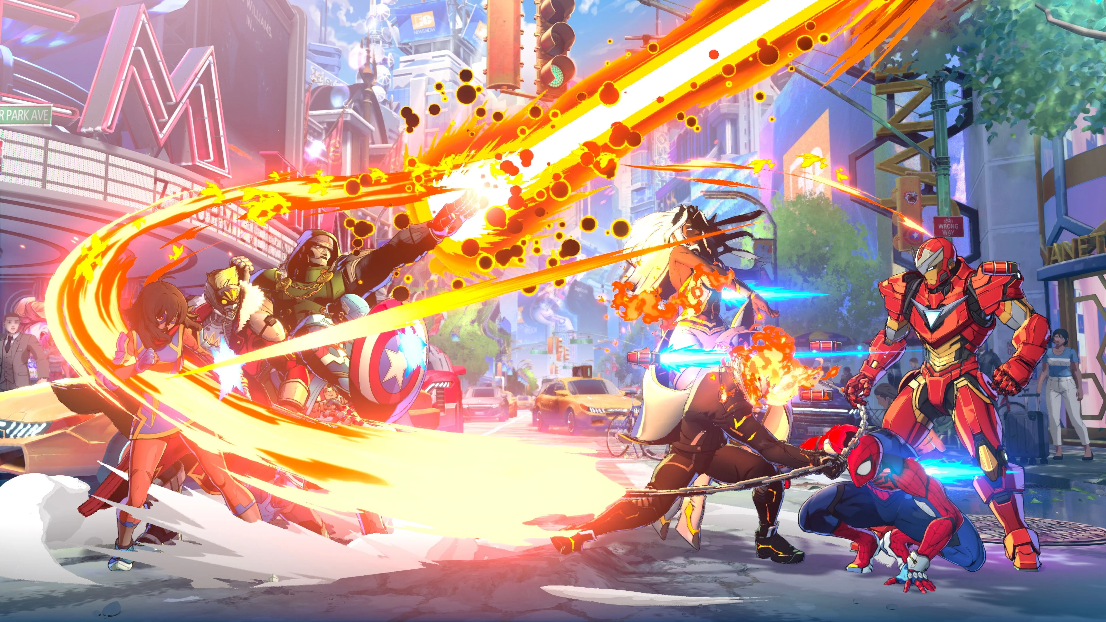 Marvel heroes and villains fighting in a four-character team battle in MARVEL Tōkon
