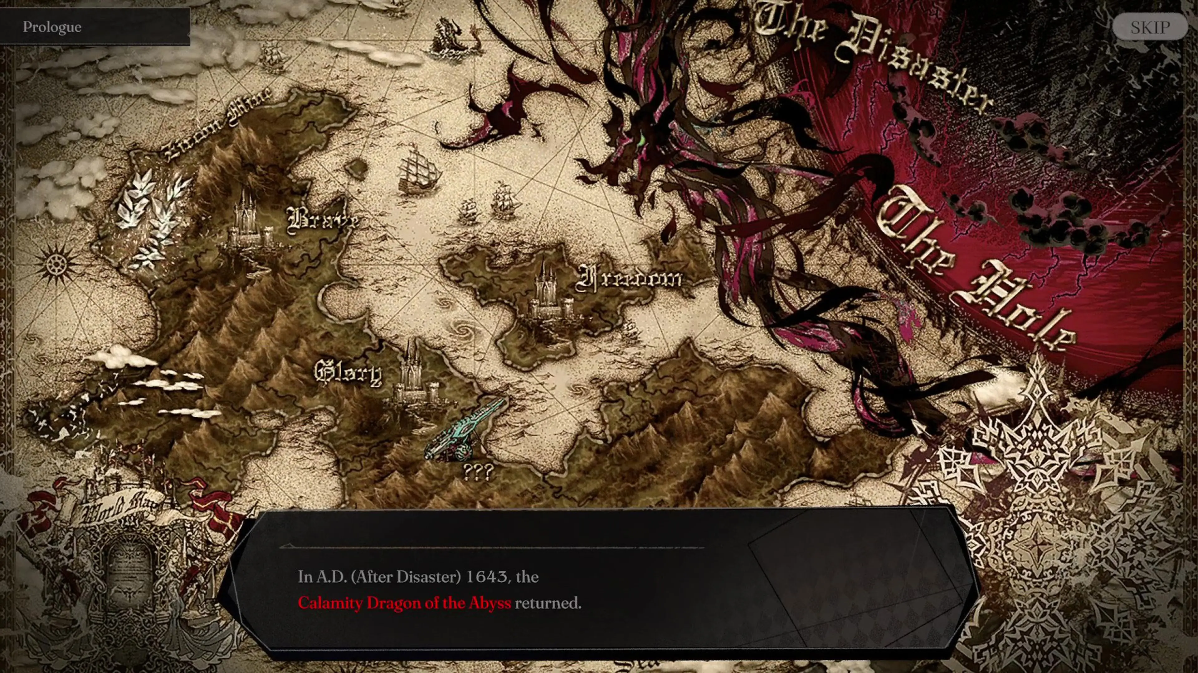 A fantasy world map marks the Calamity Dragon of the Abyss in PROJECT ZIRCON.