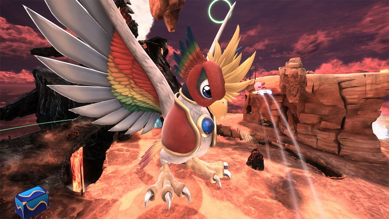 A winged rider flies over a rocky and volcanic area in Kirby Air Riders.