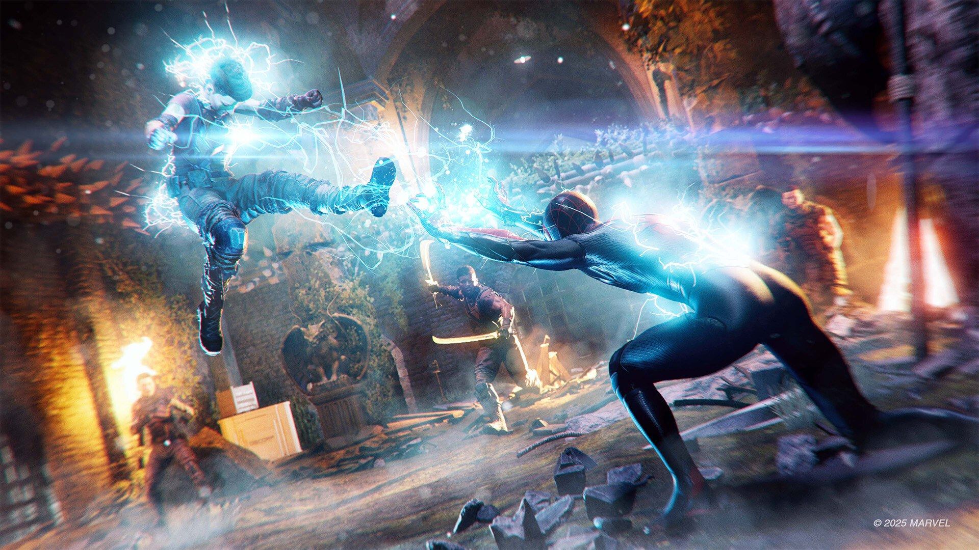 Miles Morales uses an electric attack against an enemy.