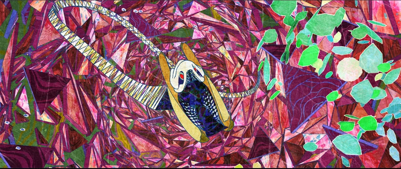 A long serpent opens its mouth amid red and pink triangular shapes.