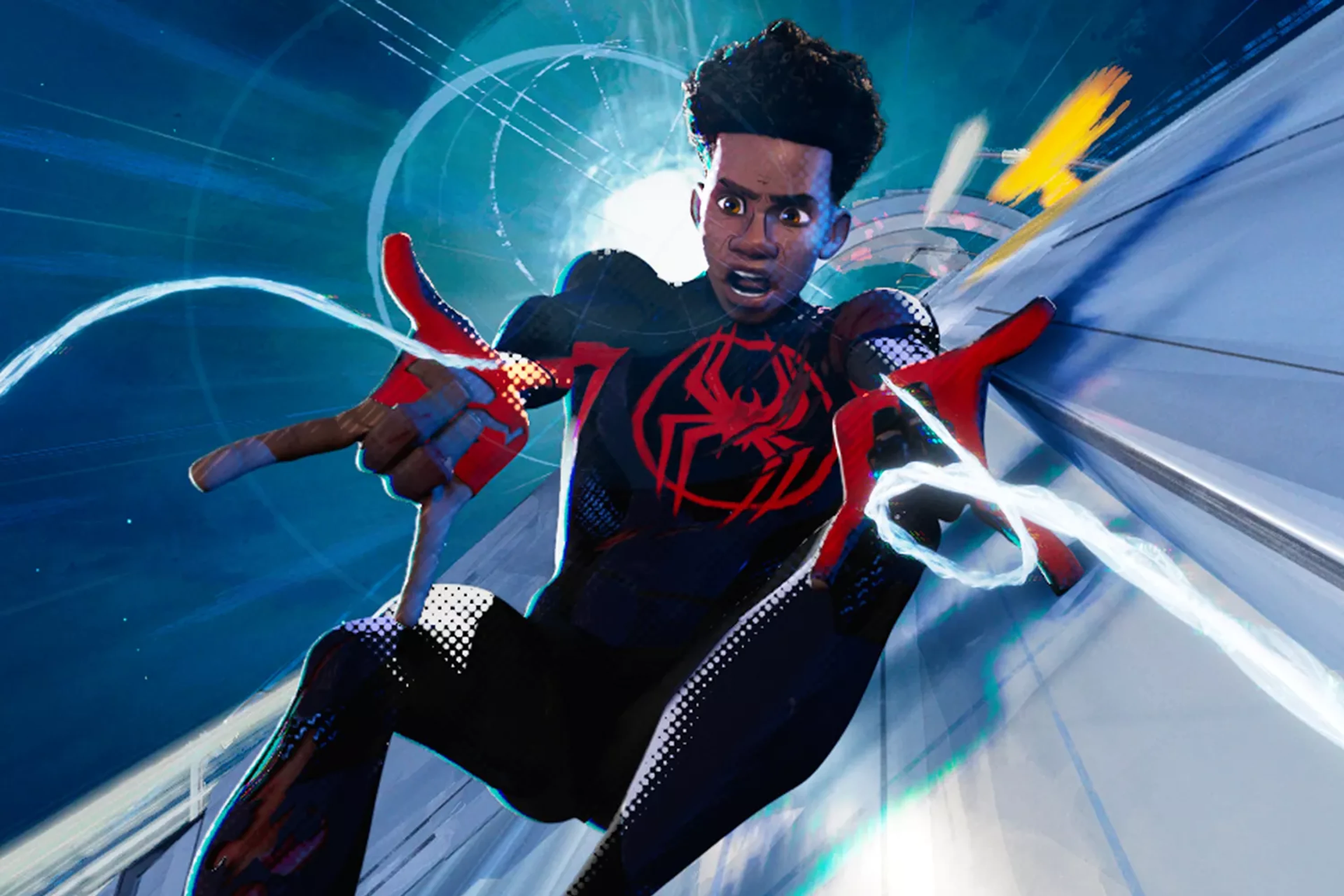 Animated Miles Morales swings toward the camera in Spider-Man: Across the Spider-Verse.
