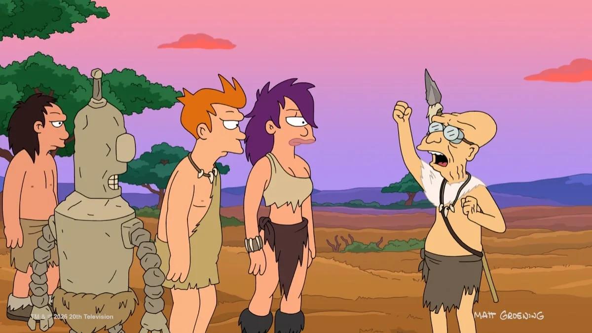 A group of Futurama characters stand together in an official season 14 finale still.