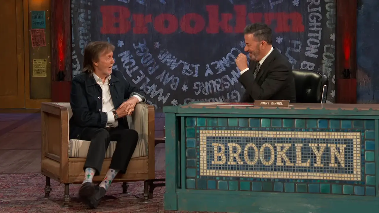 Paul McCartney sits opposite Jimmy Kimmel on the Brooklyn interview set.