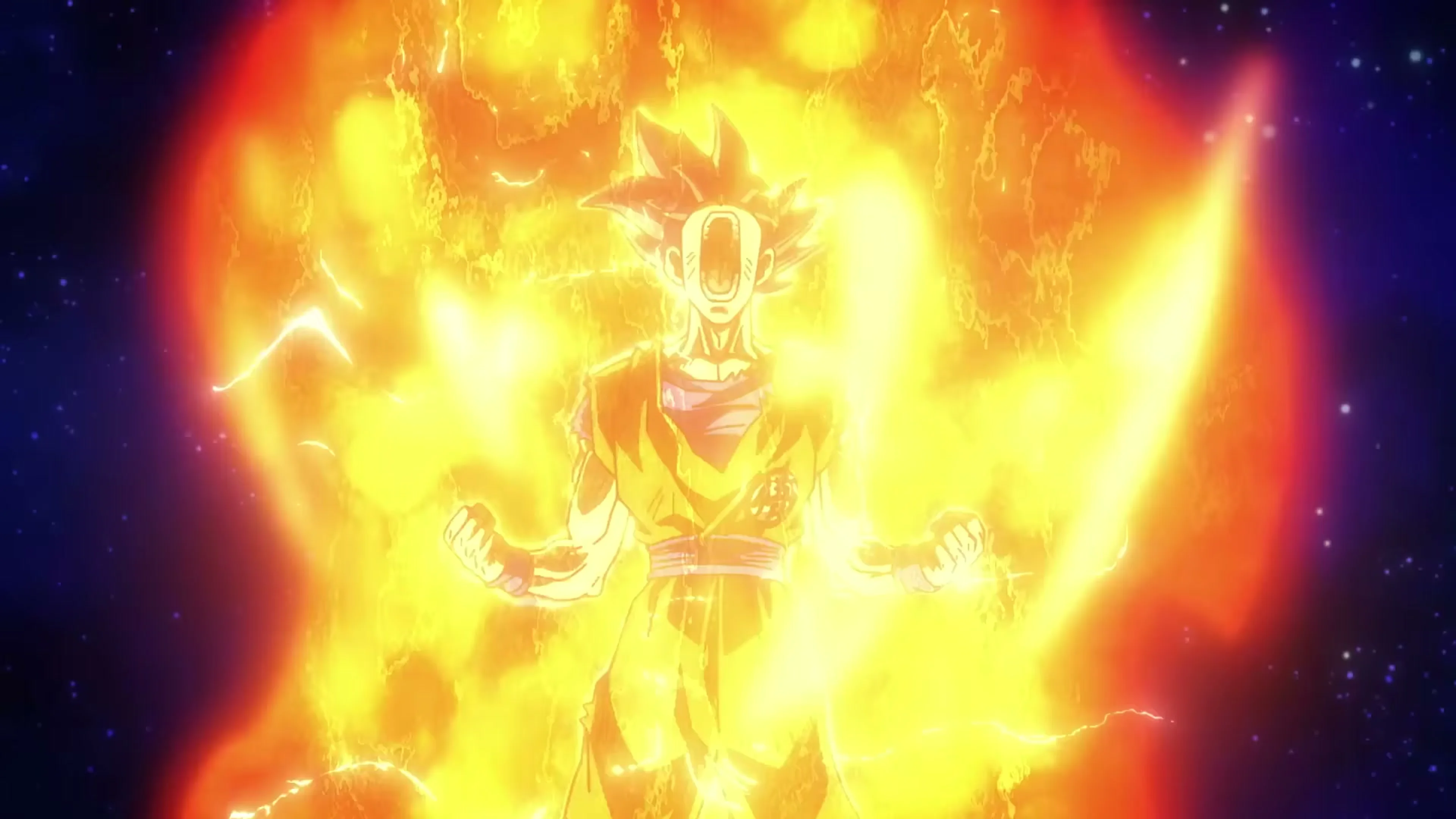 Goku glows with blue-white energy against a star-filled background.