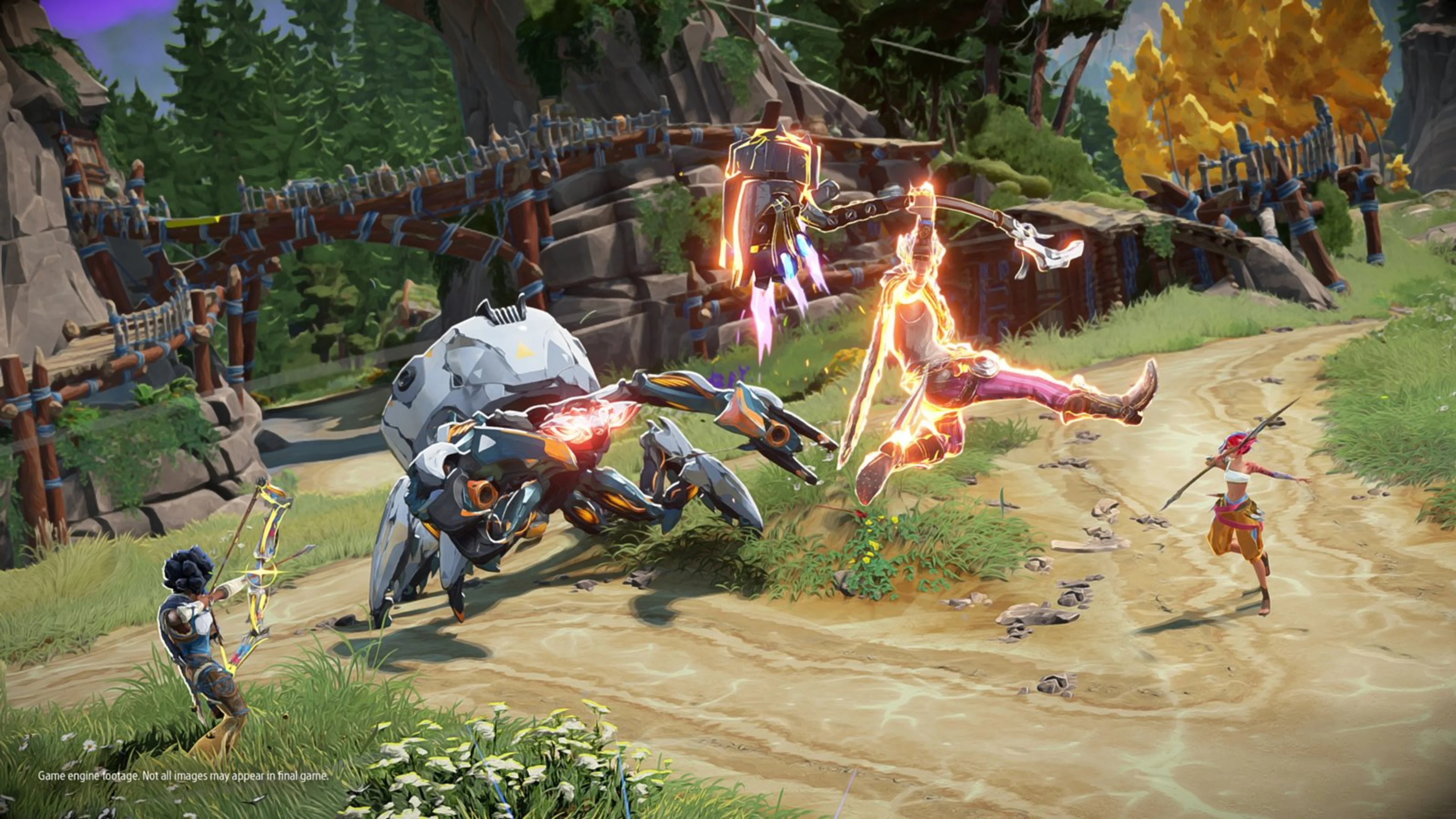 Horizon Hunters Gathering Hunters fighting a machine in official game-engine footage.