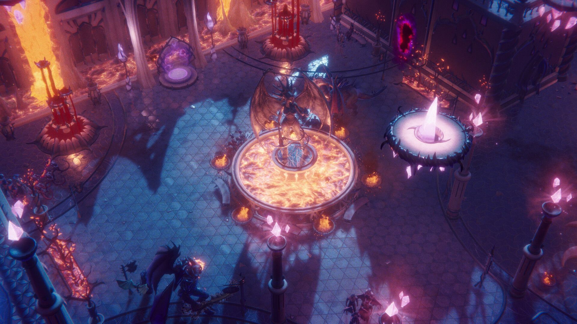 Glowing circles and crystals fill a dark hall, showing the game’s magical settings.