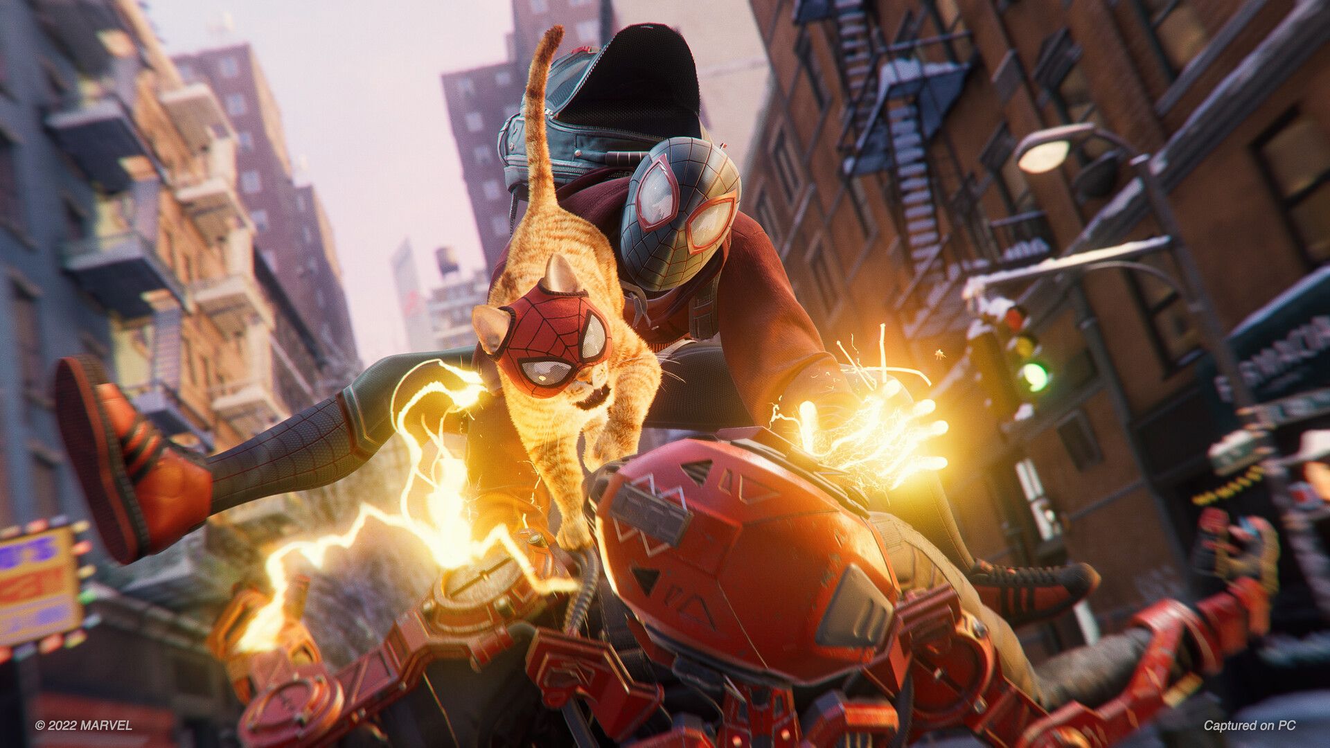 Miles confronts nearby enemies during a street fight.