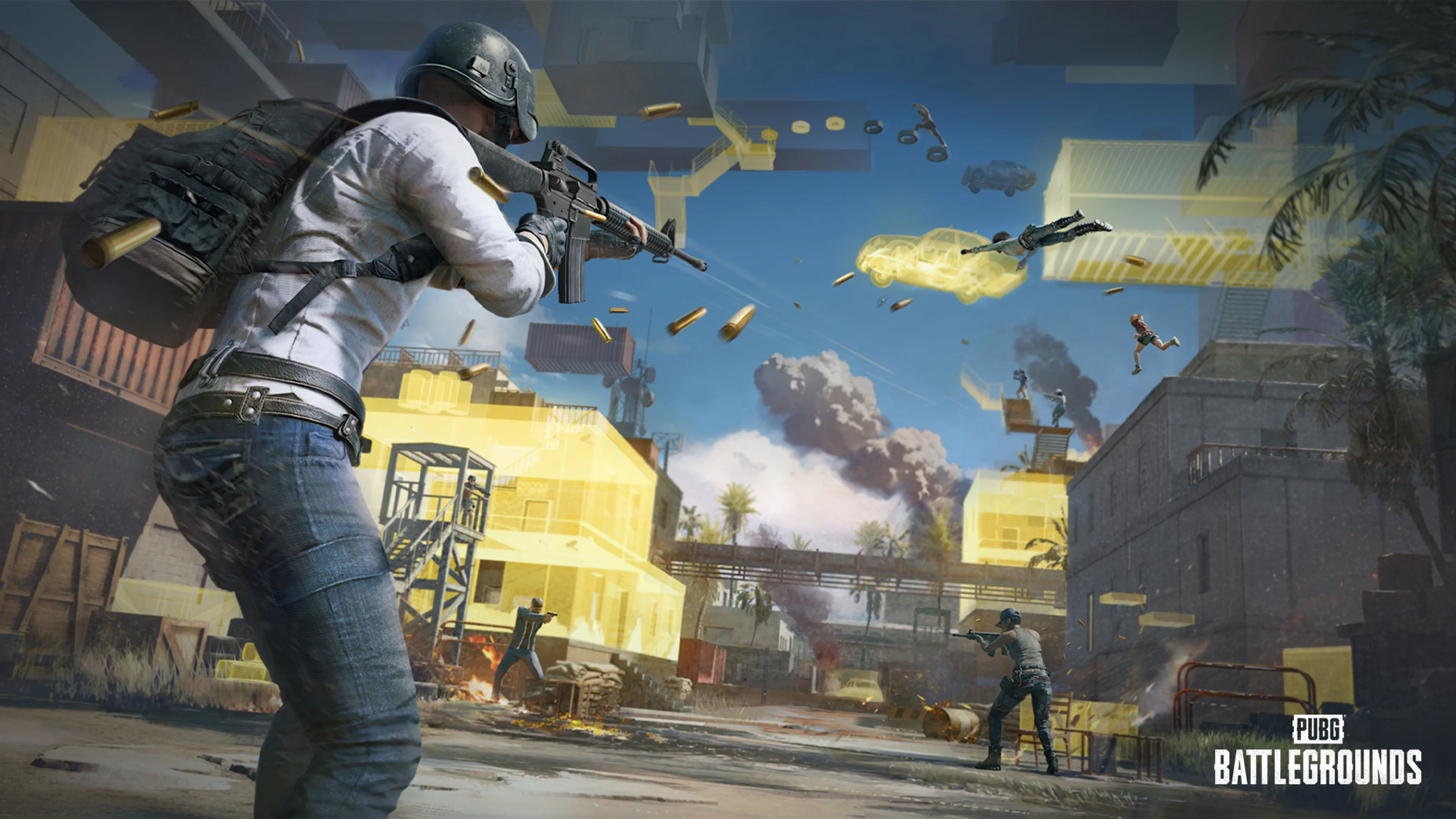 PUBG character fighting in a map filled with highlighted custom objects.