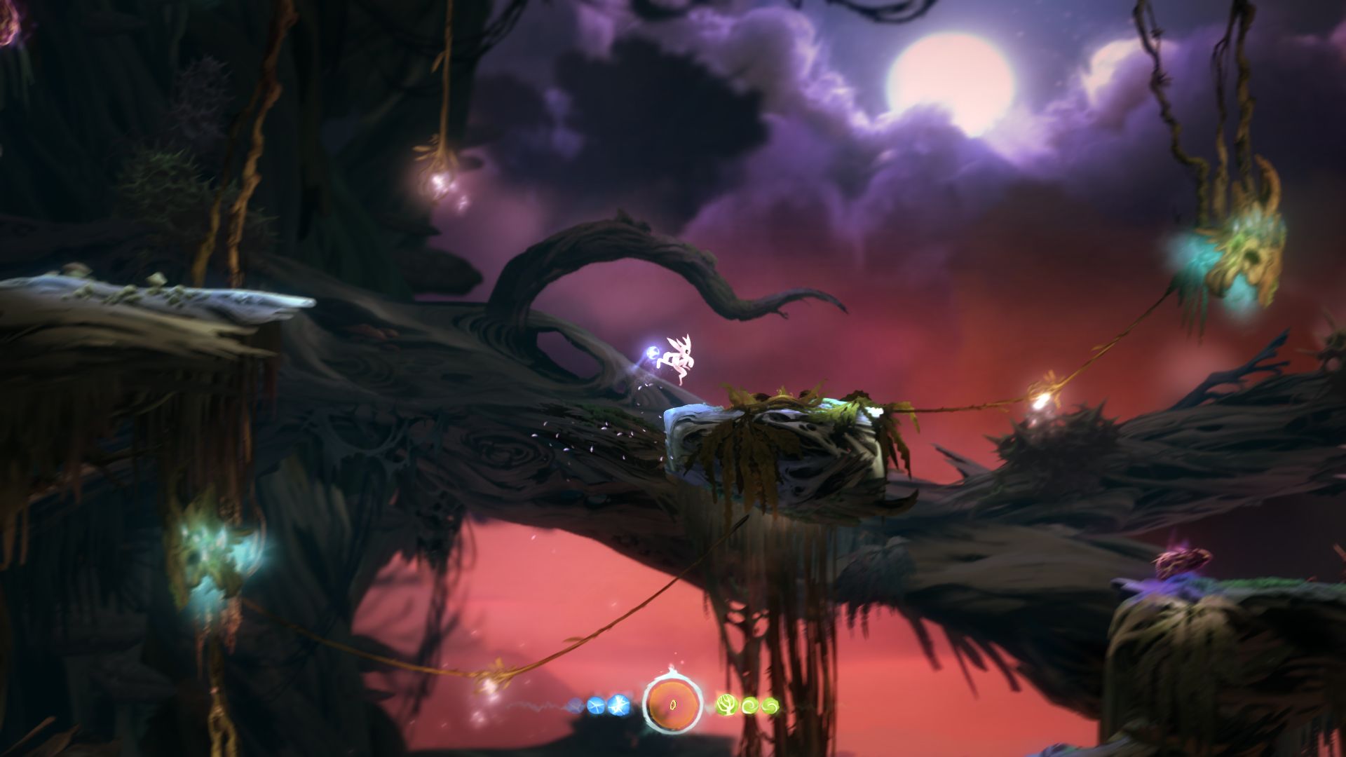 Ori stands among branching platforms and luminous plants under a pink sky.