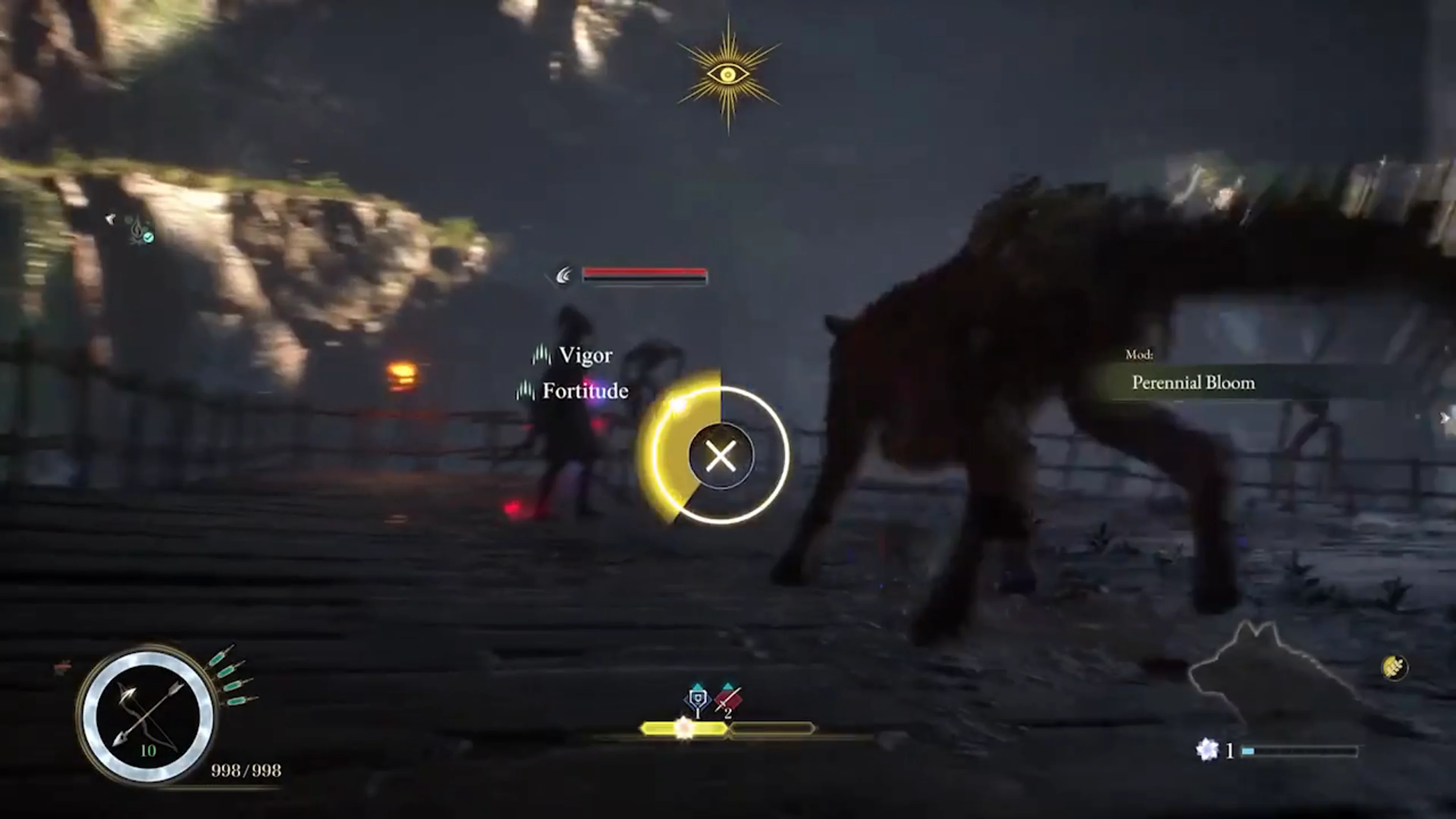 Koo in combat beside a circular timing prompt with a Cross button symbol in Beast of Reincarnation.