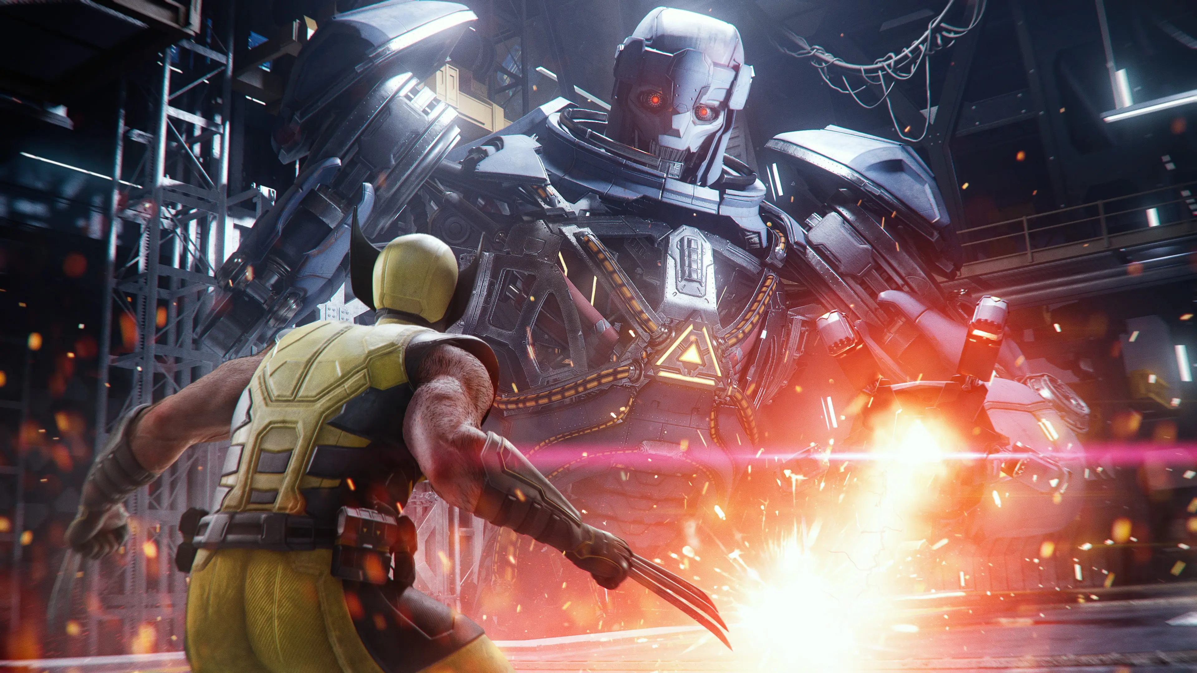 Wolverine faces a large armored robot inside an industrial building.
