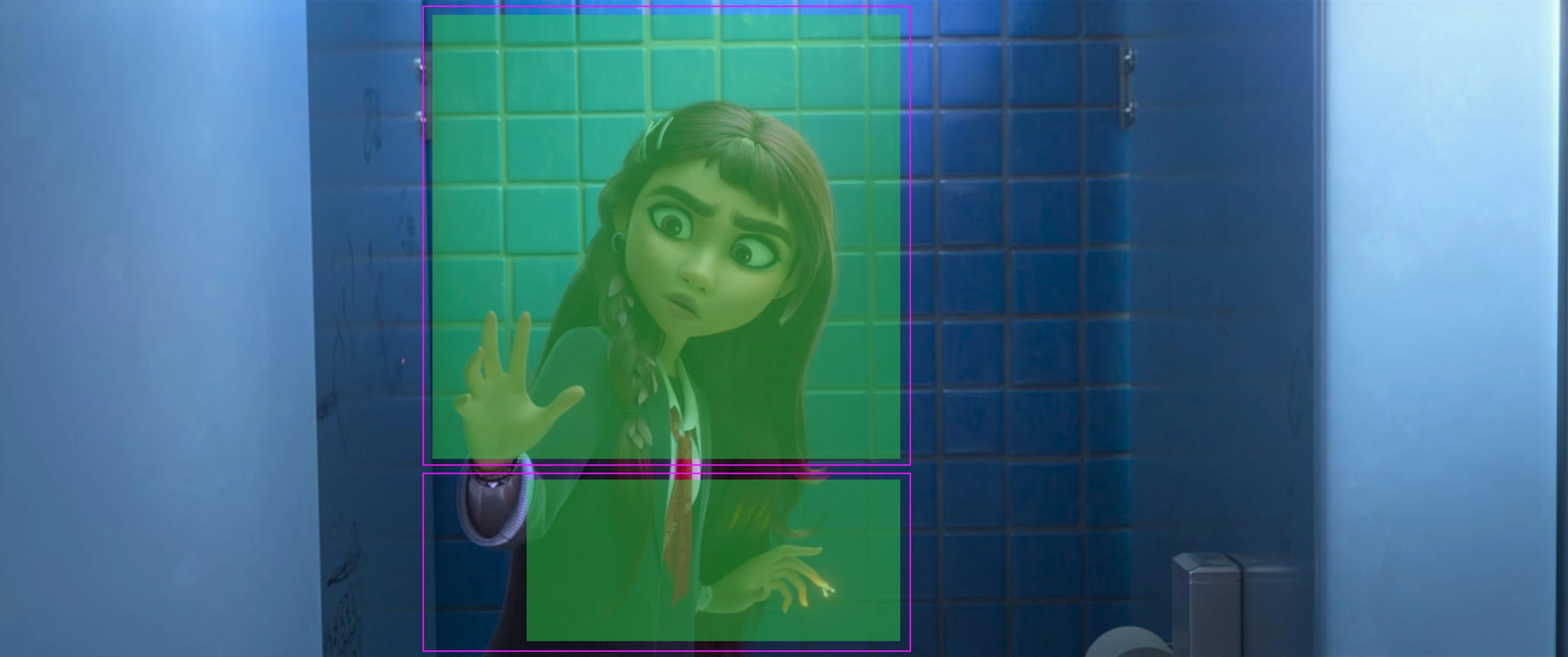 A frame from the Hexed trailer with a vertical crop area marked over Billie.