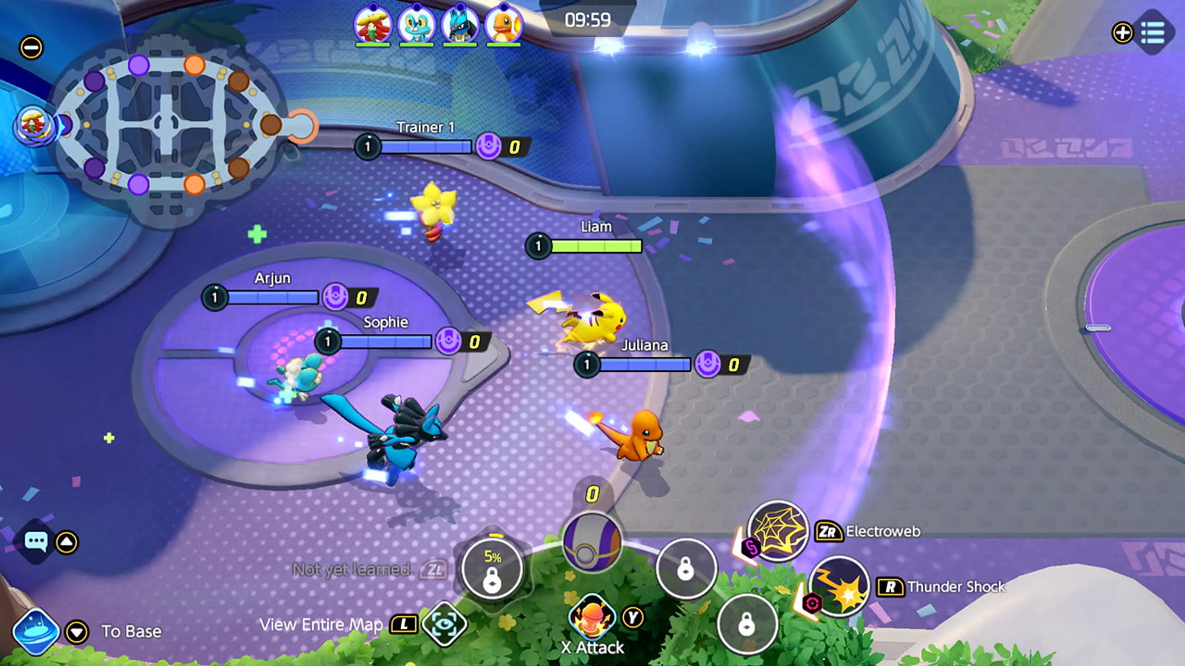 Pikachu, Squirtle, Lucario, and Charmander leave their base at the start of a Pokémon UNITE match.