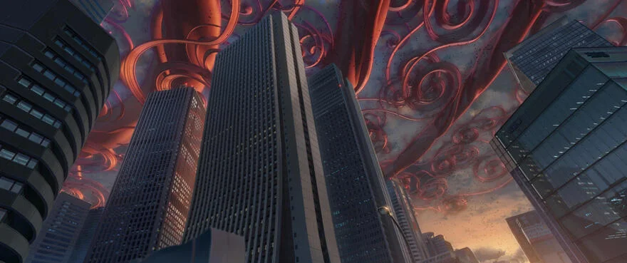 A huge red, twisting creature stretches above tall city buildings.