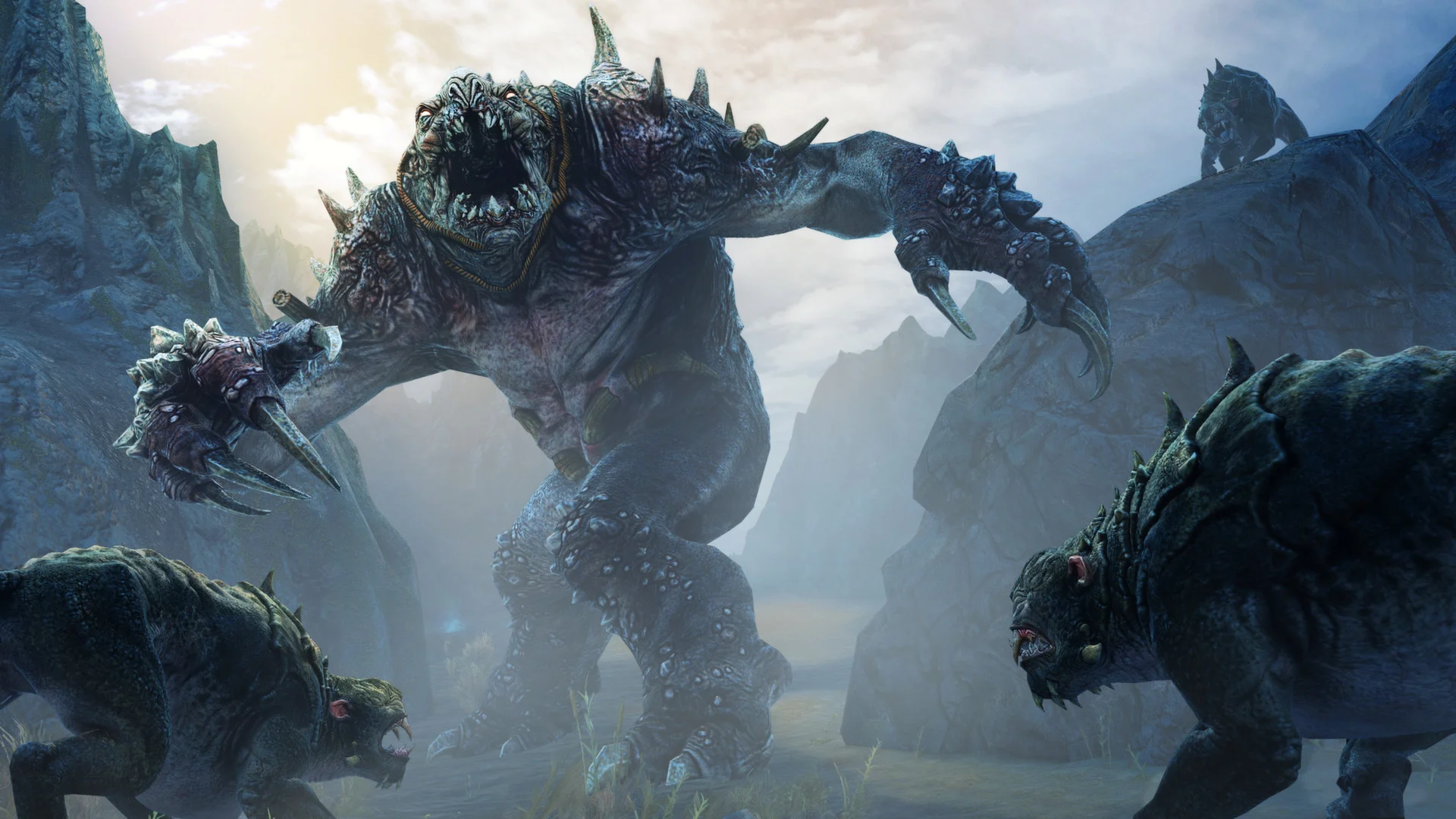 A giant creature faces armed fighters in Shadow of War.