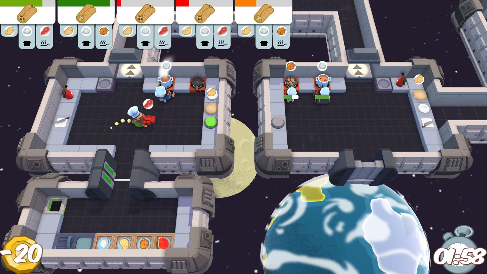 Two small kitchen platforms float in space with chefs and food counters.