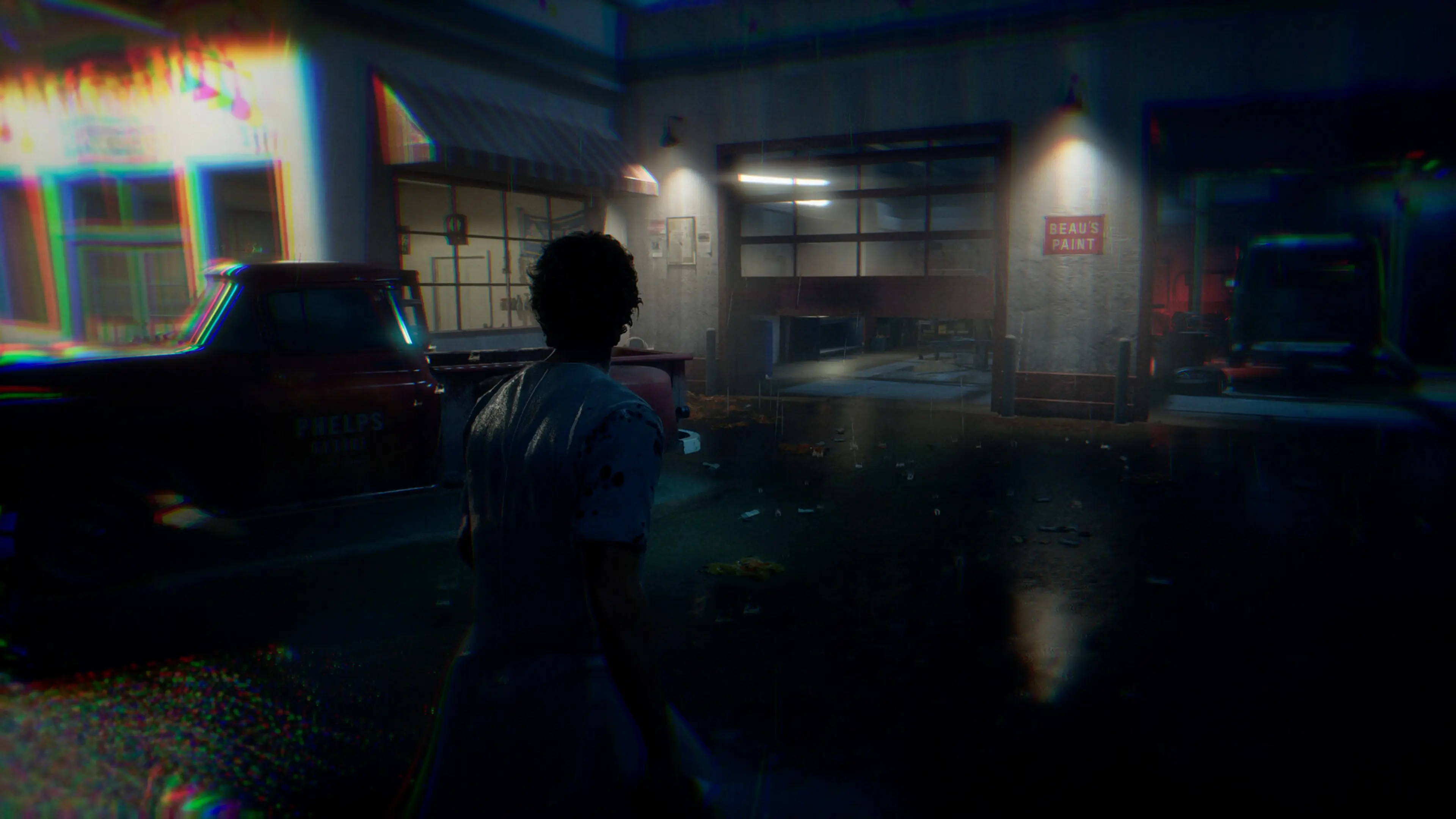 A civilian approaches Phelps Garage while the screen distorts in Halloween: The Game.