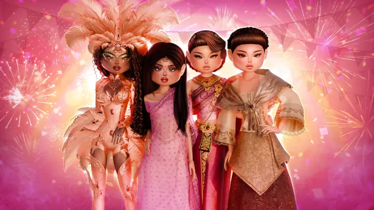 Four Dress To Impress characters wearing colorful runway outfits.