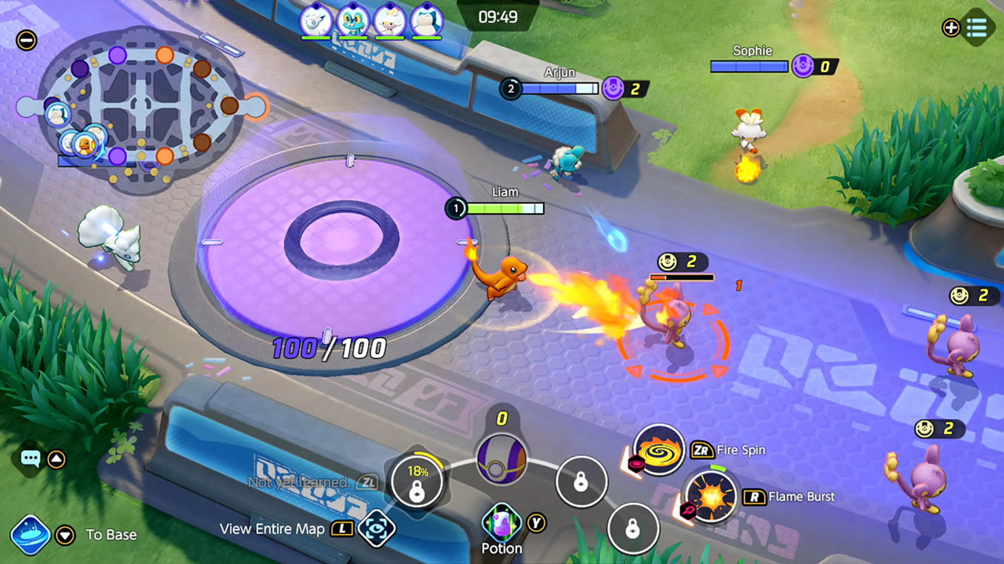 Charmander attacks a wild Pokémon while Scorbunny and two teammates move through the opening lane.