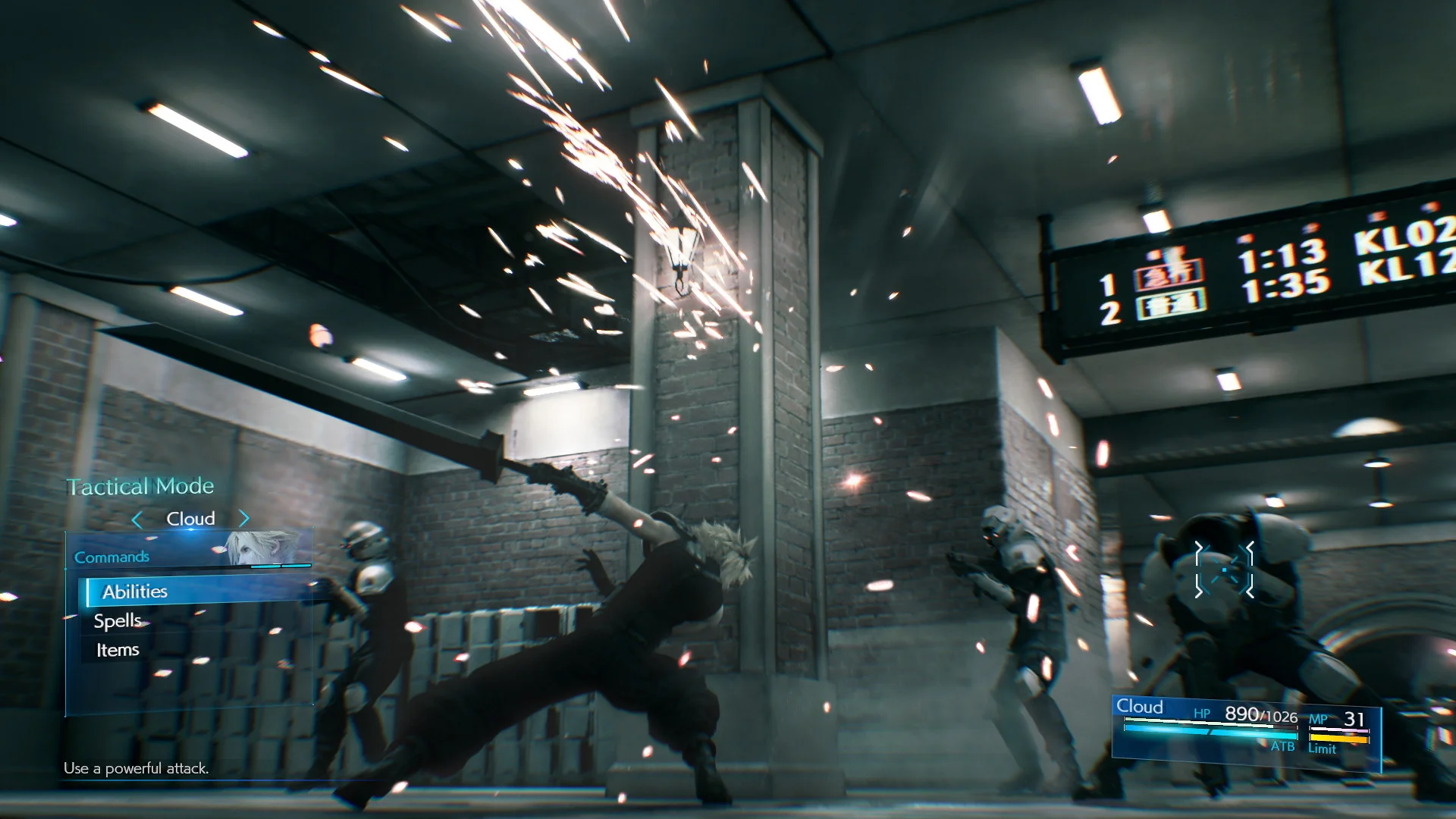 Tactical Mode screenshot with the Commands box on the left listing Abilities, Spells and Items; Cloud’s HP and blue ATB bar are at lower right.