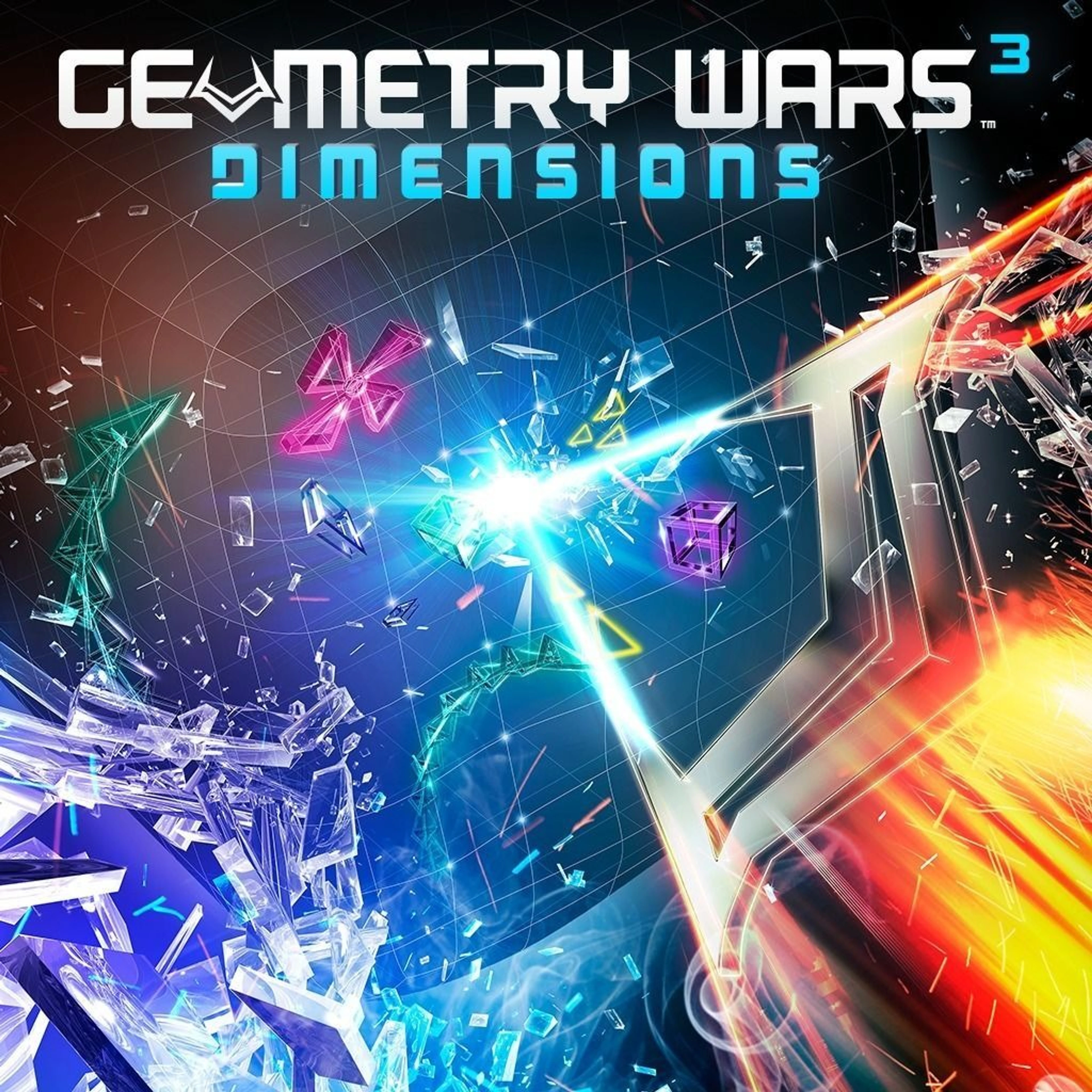 Original Geometry Wars 3: Dimensions official key art with the native title above a burst of glowing shapes, without Evolved branding.