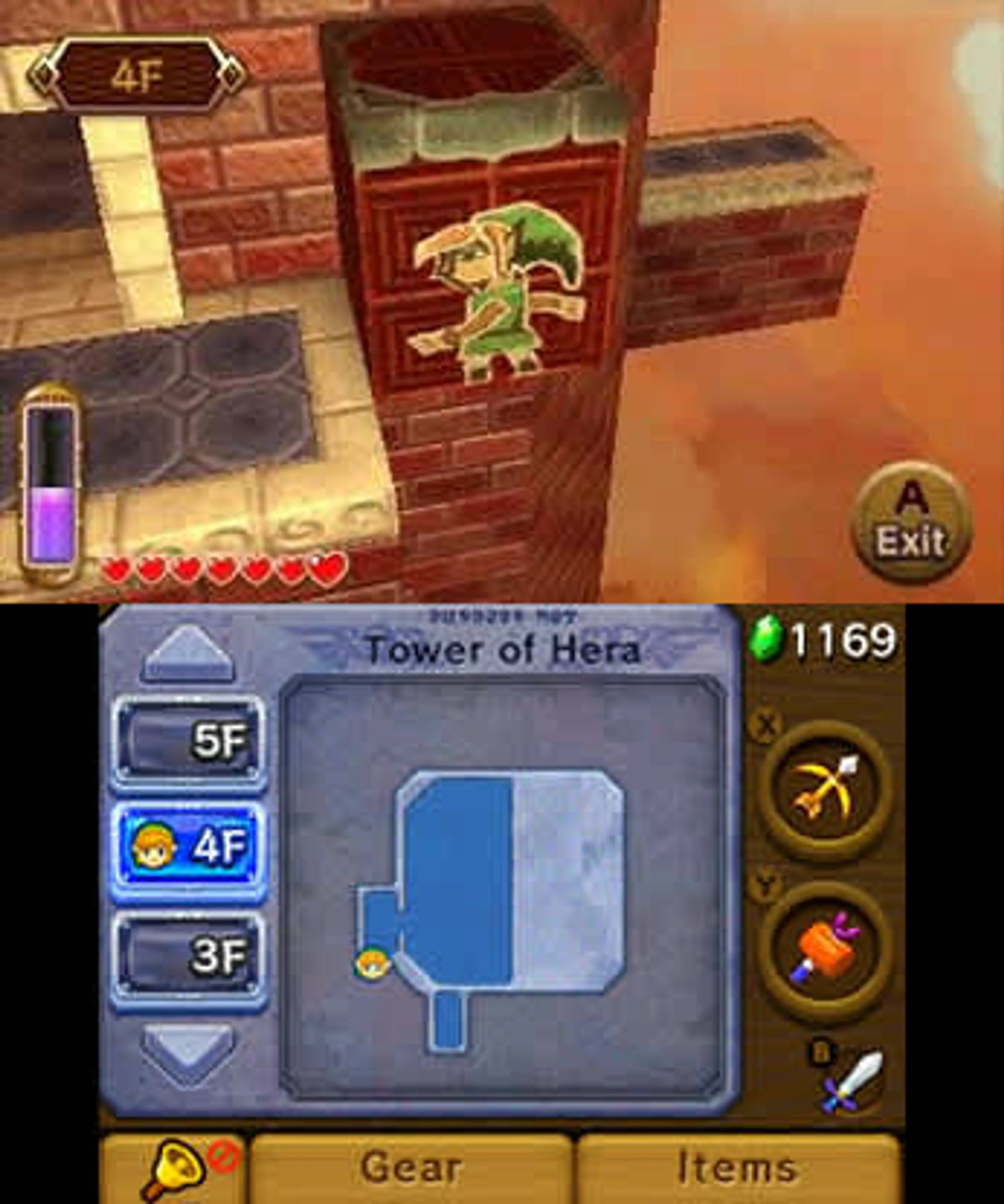 Link clings to a brick wall as a painting in the Tower of Hera, with the lower 3DS map visible.