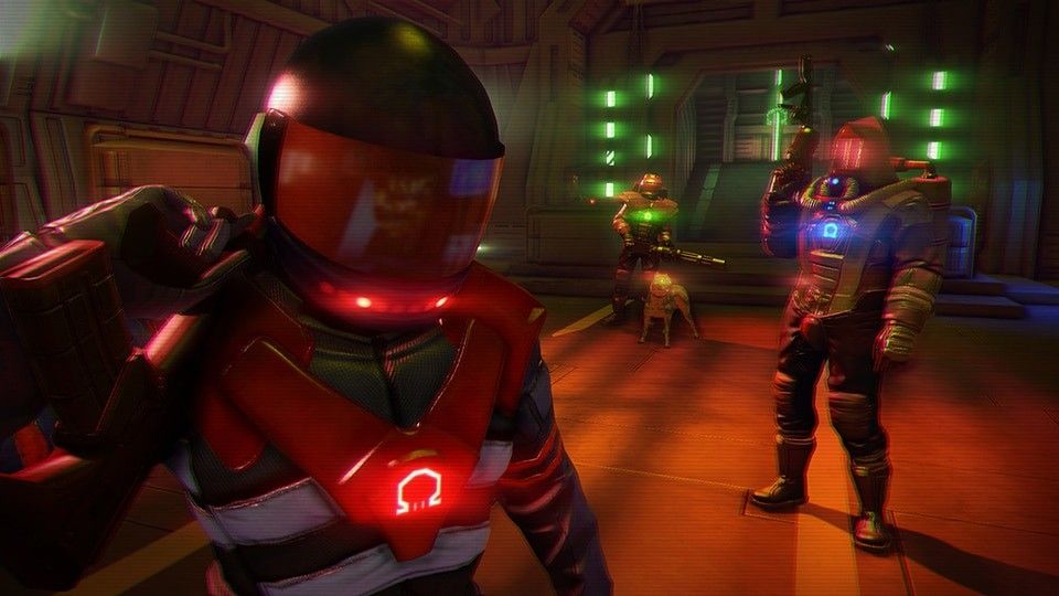 Cyborg soldiers face Rex in a room lit by red and green lights.