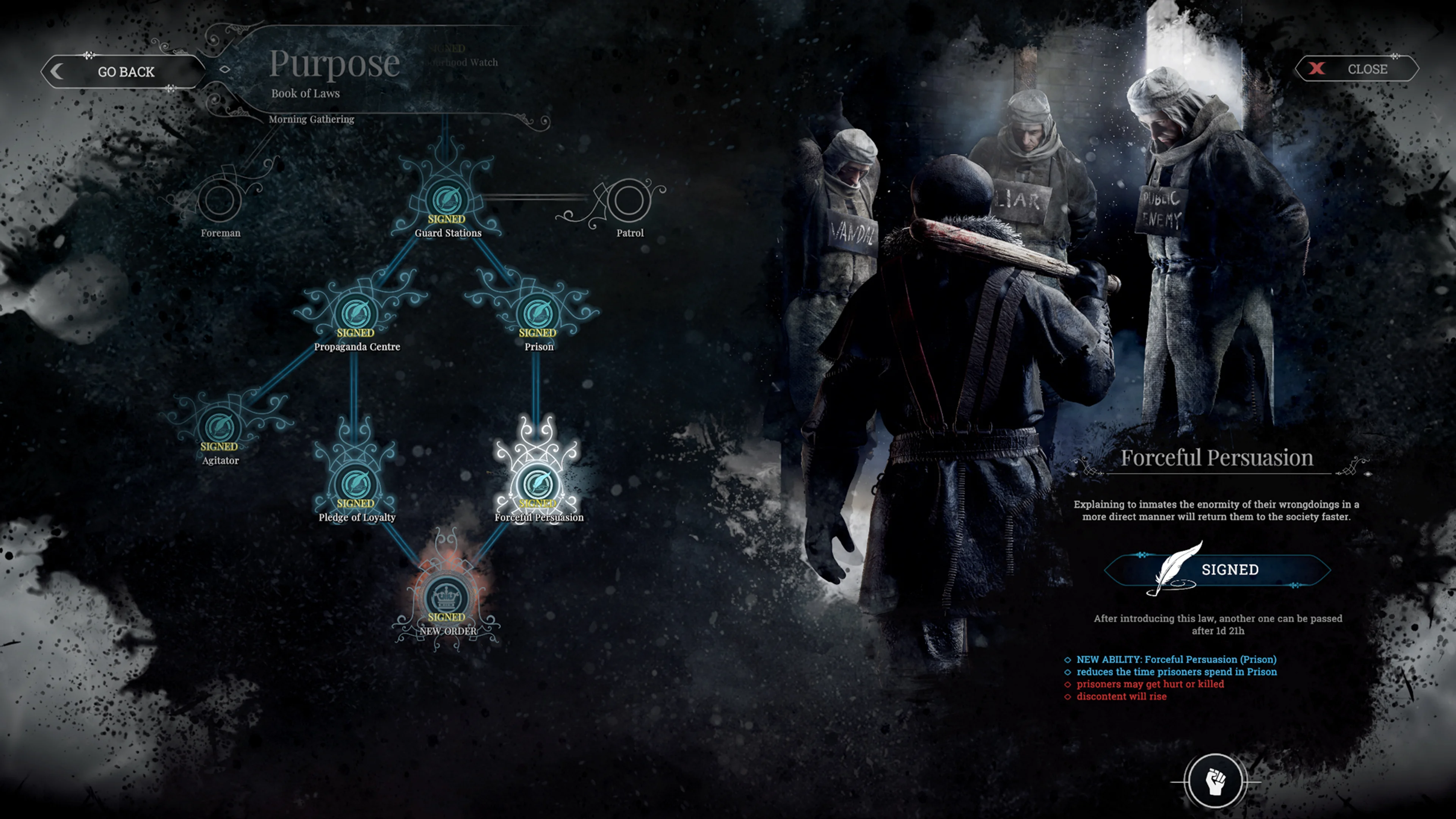Official Frostpunk Purpose Book of Laws screen showing a connected law tree on the left and the selected law’s effects on the right.