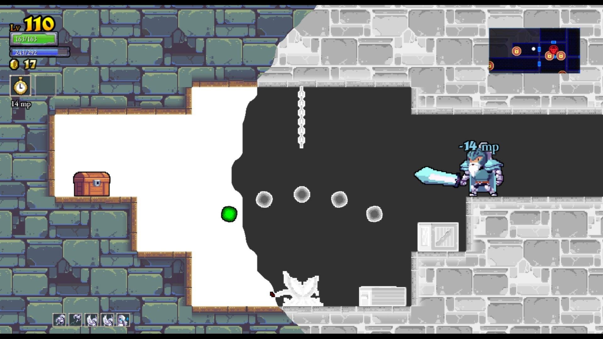 A knight attacks a large dark creature in a stone chamber.